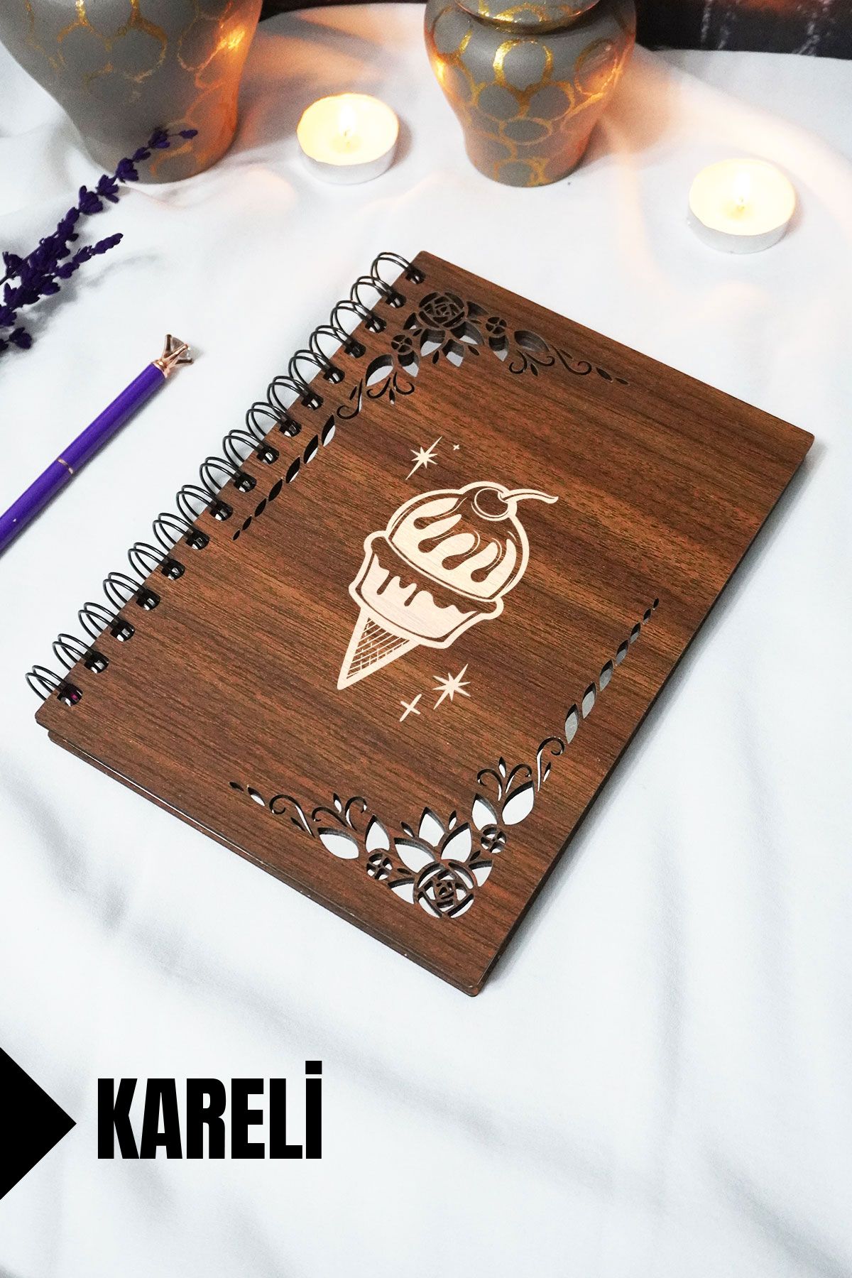 markcat Dondurma Ahşap Kapaklı Defter - Çizgili Defter - 60 yaprak (120 sayfa) - A5 15x21 cm