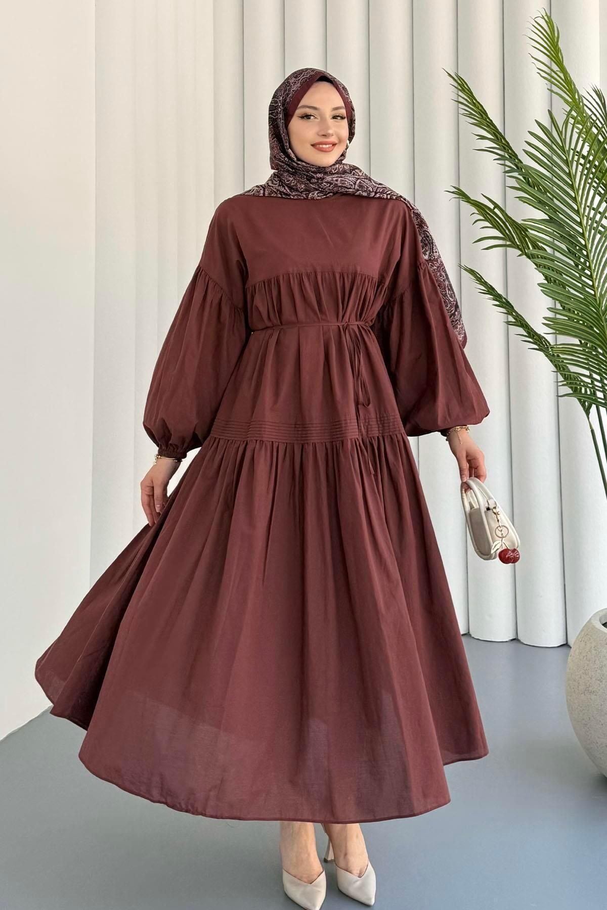 Modaensarbutik Balon Kol Biye Kemerli Oversize Tesettür Elbise-BORDO