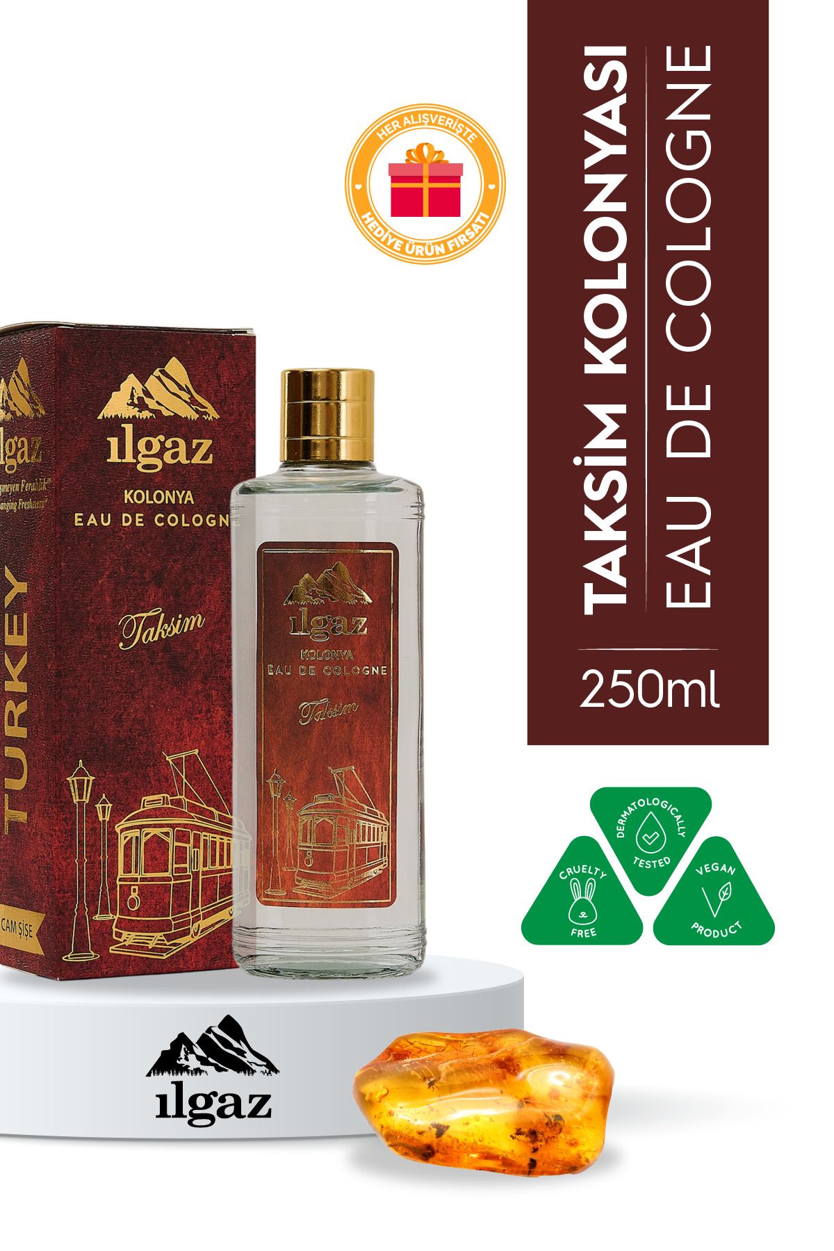 ILGAZ Taksim Kolonyası | Eau De Cologne Cam Şişe 250 ml | Türkiye Serisi Eski Ahşap ve Kehribar Kokusu