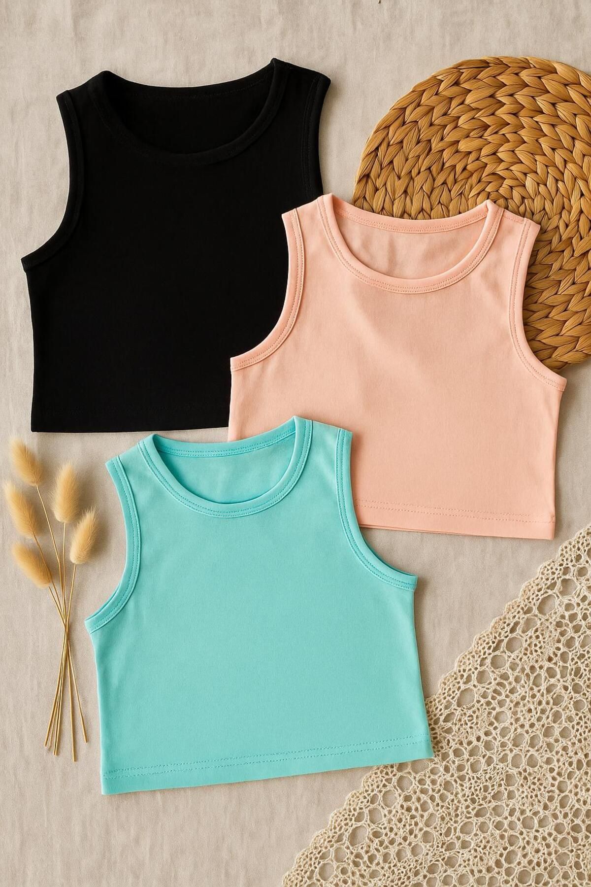 MODA Kadın 3'lü Basic Renkli Crop Üst Seti - Siyah / Turkuaz / Pembe