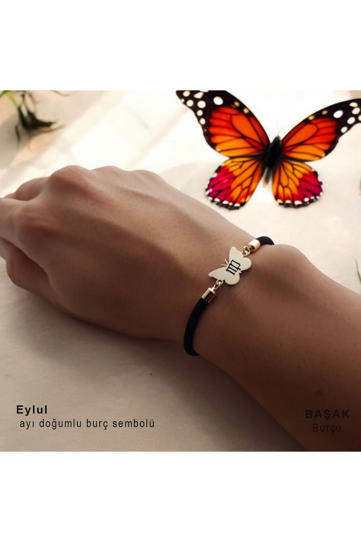 ARCHINO GOLD Eylül Ayı Doğumlarına Örgü İpli Kelebek Motifli 14 Ayar Altın Plakalı Hediye Bileklik-480ay-siyah