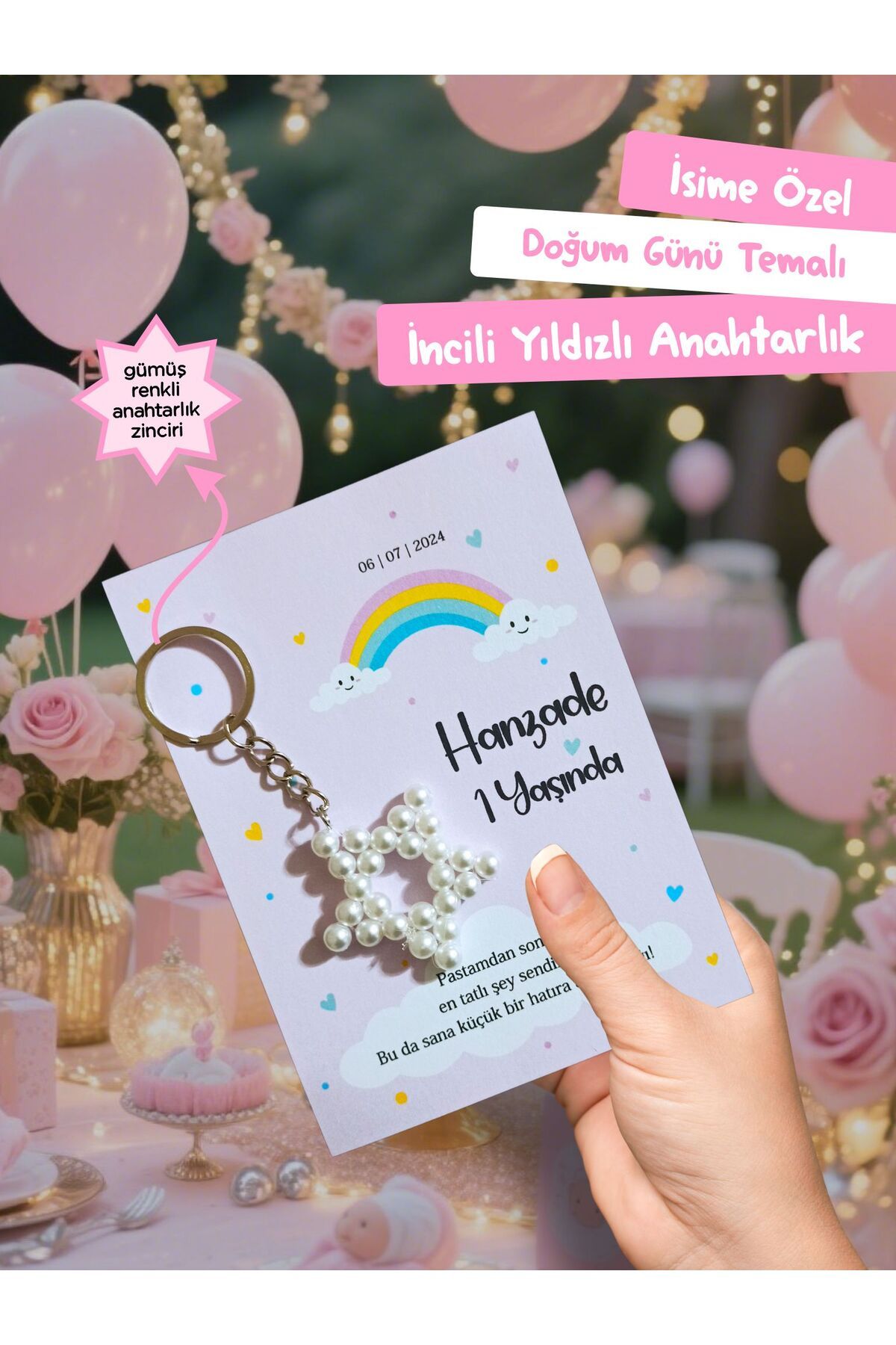 AY Masalı Kişiye Özel Doğum Günü Temalı İncili Anahtarlık - 24 Adet Doğum Günü, Baby Shower, Sünnet Hediyesi