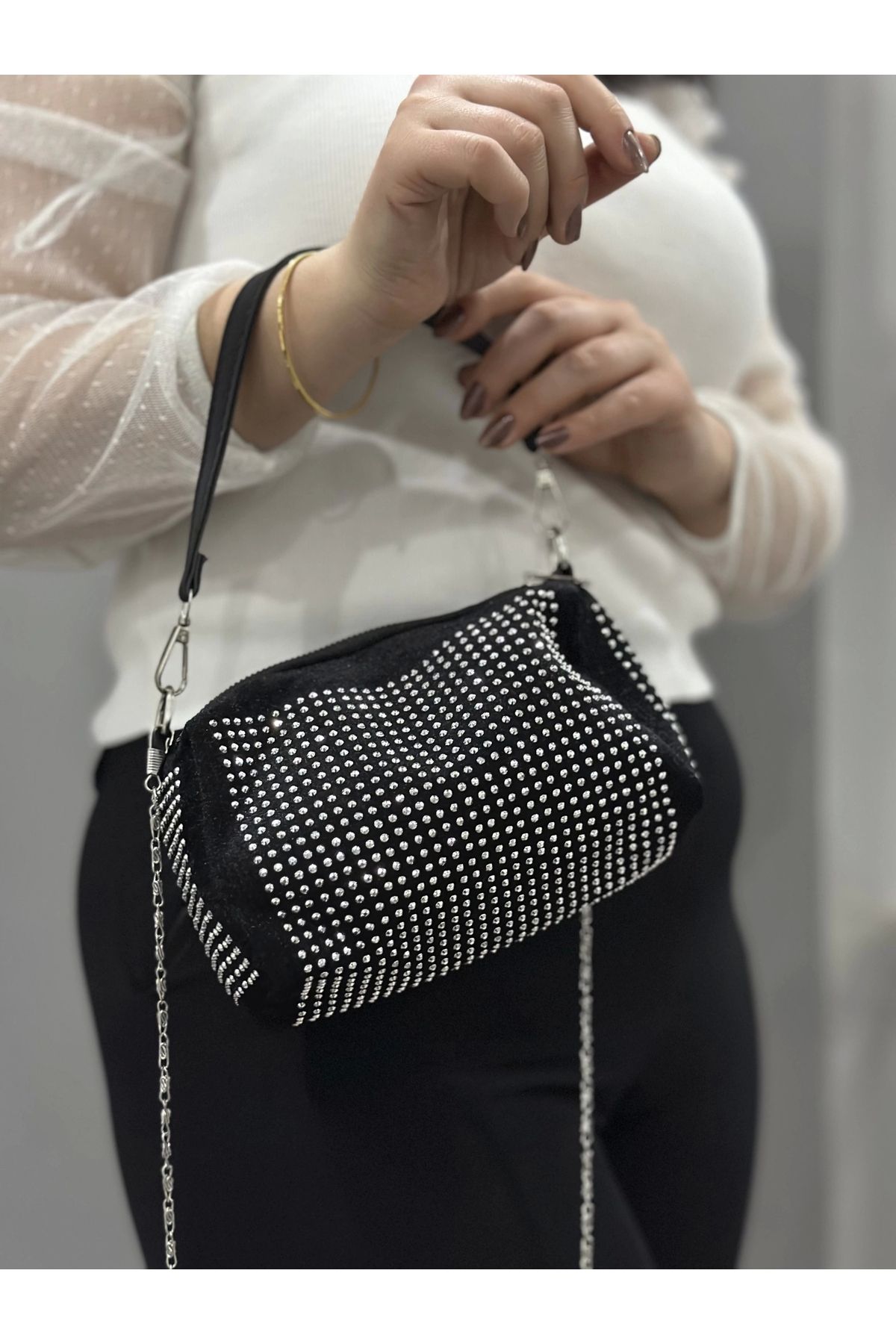 BellevieStore Taşlı siyah cilt çanta