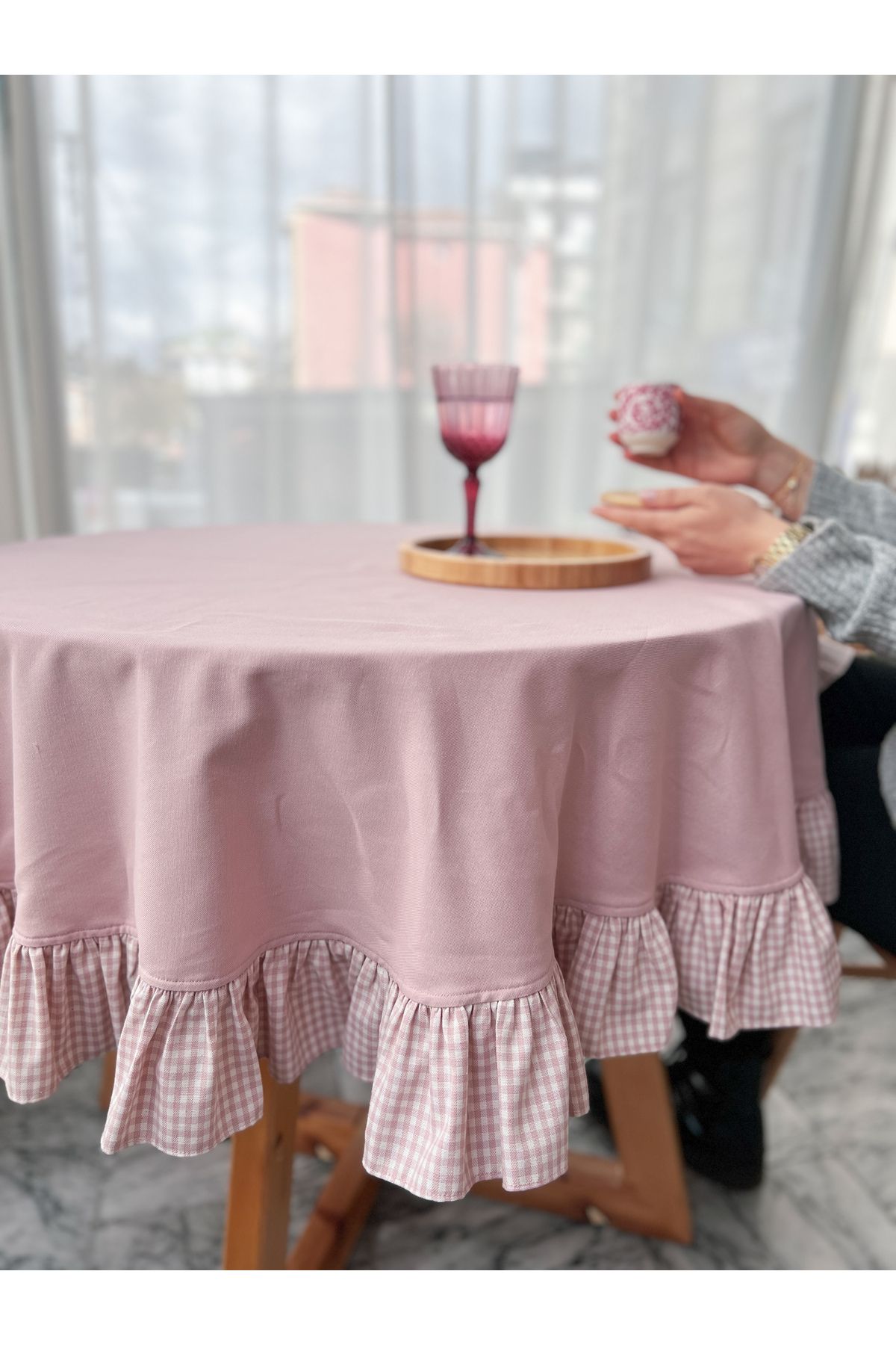 KaiHome ROSY Keten Fırfırlı Yuvarlak Masa Örtüsü 150X150CM