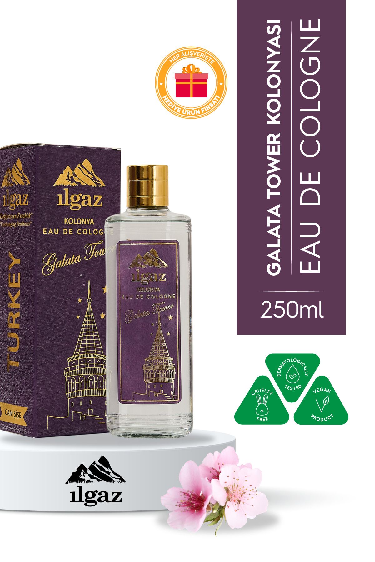 ILGAZ Galata Tower Kolonyası | Eau De Cologne Cam Şişe 250 ml | Türkiye Serisi Sakura Ağacı Kokusu