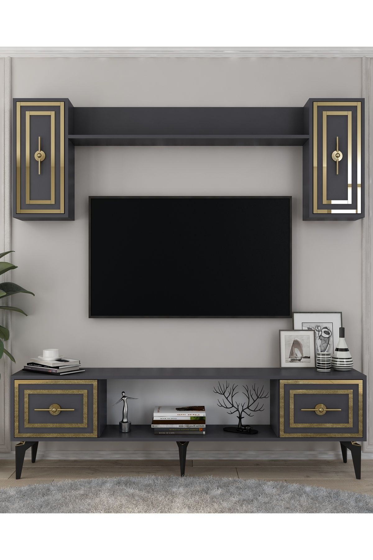 DemonteHome SAMBADH 180 CM TV ÜNİTESİ TAKIMI ANTRASİT-ALTIN
