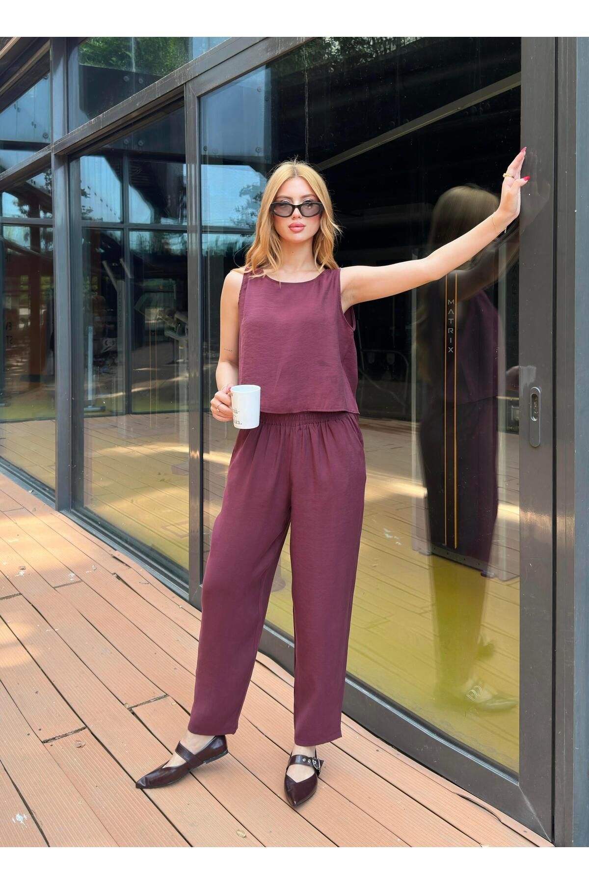 Angel Mia Salaş Bluz Pantolon Takım Bordo