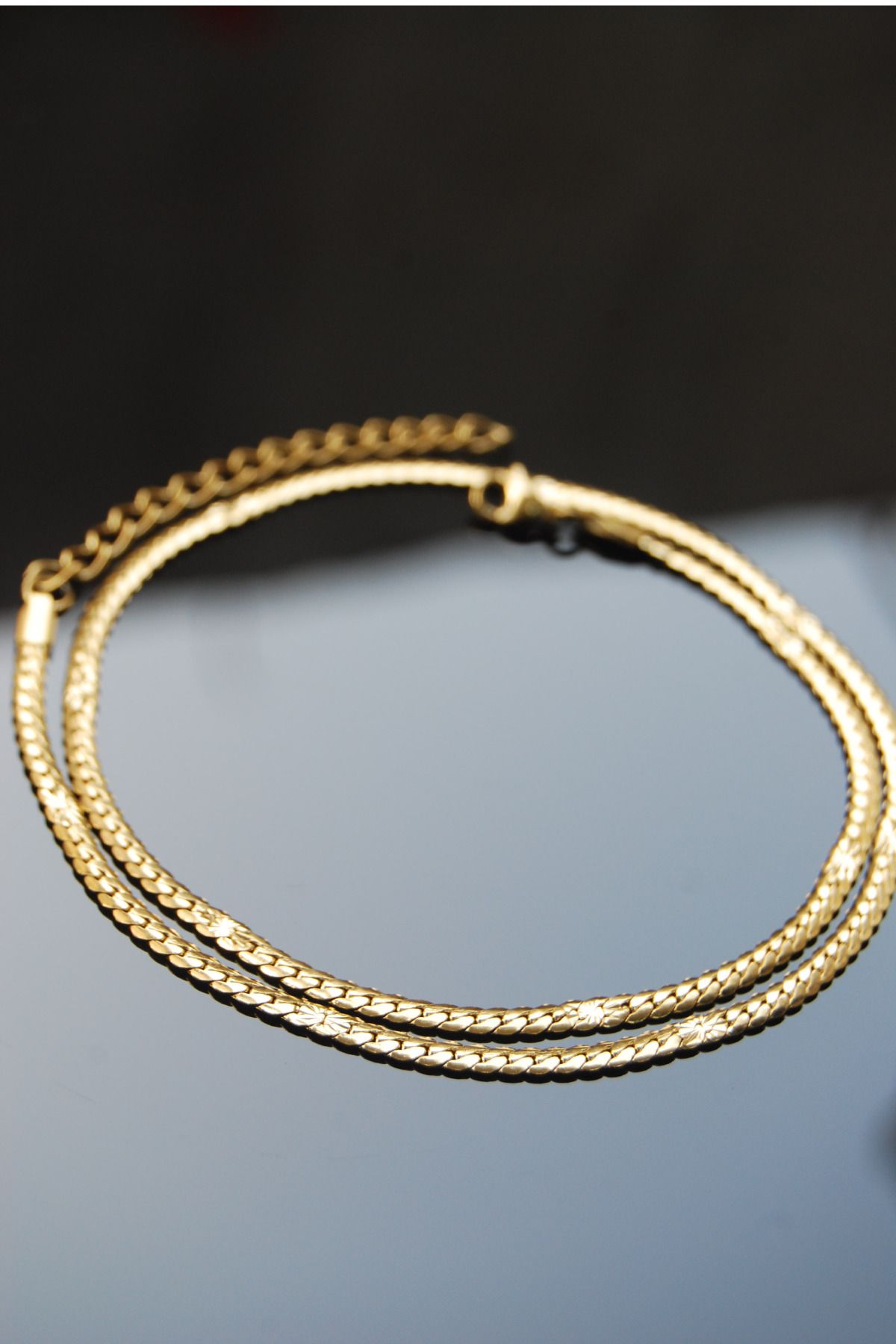 Rua Jewelry İşlemeli Ezme Gurmet Zincir Paslanmaz Çelik Kolye Altın Renk - 45cm+6cm - 3mm