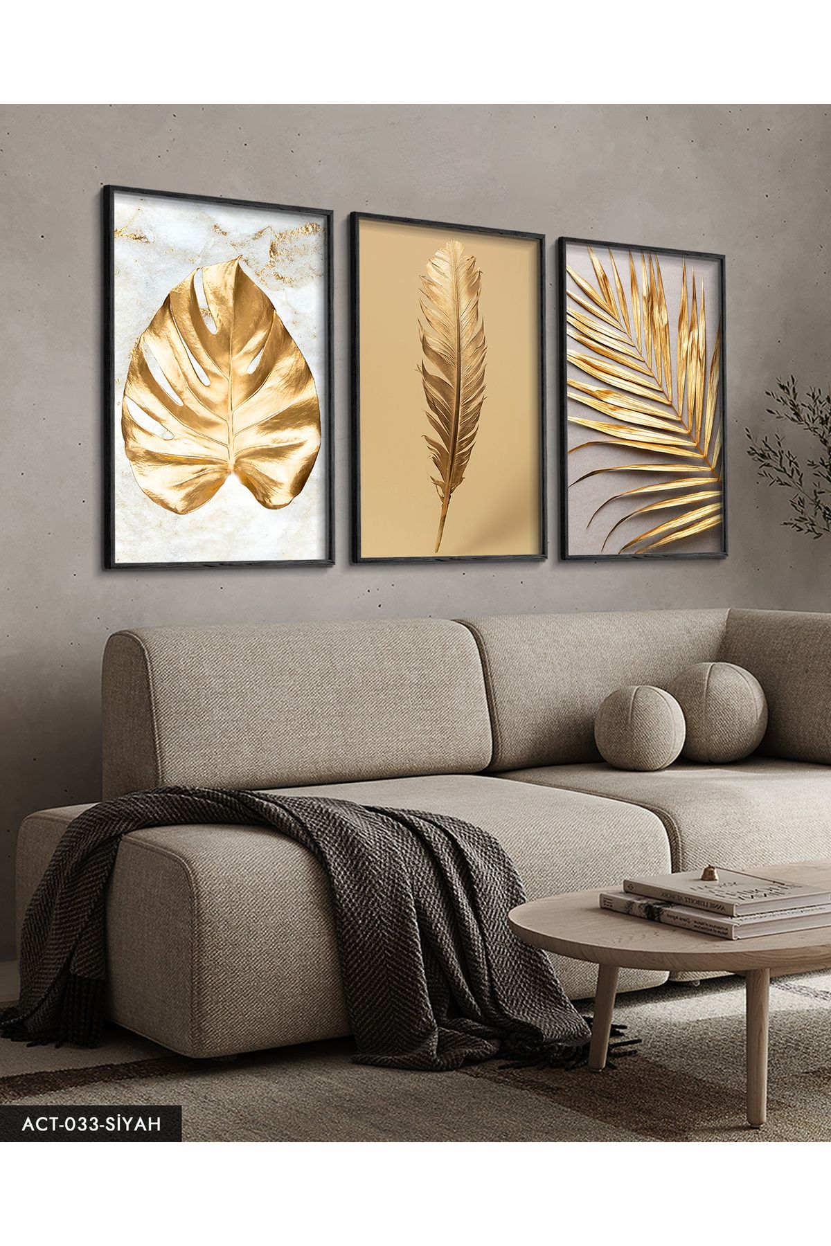 Evinemoda Gold Yaprak Tüy 3 Parça Siyah Ahşap Çerçeveli Tablo ACT
