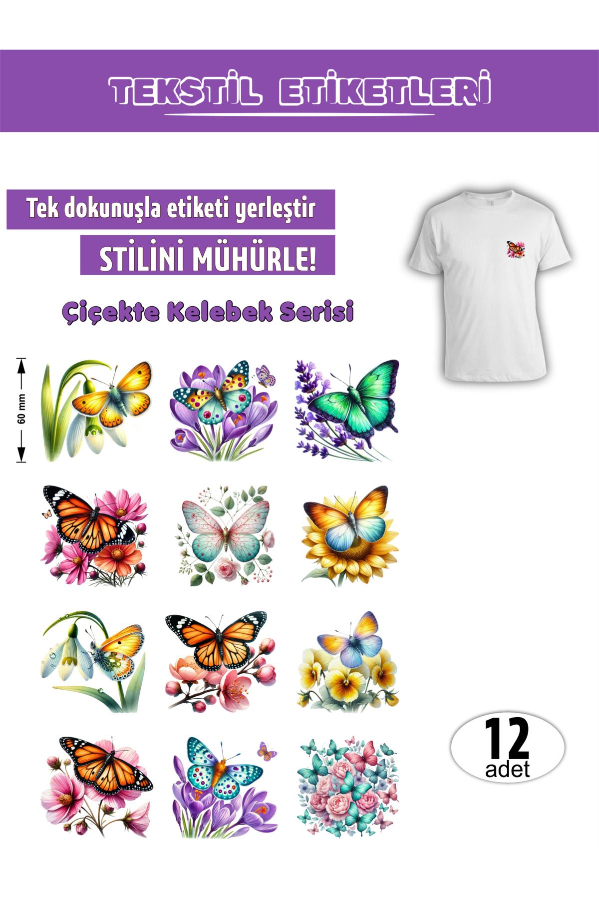 AGG Reklam Ütü Ile Yapışan Kıyafet Etiketi Çiçekte Kelebekler 12li Set