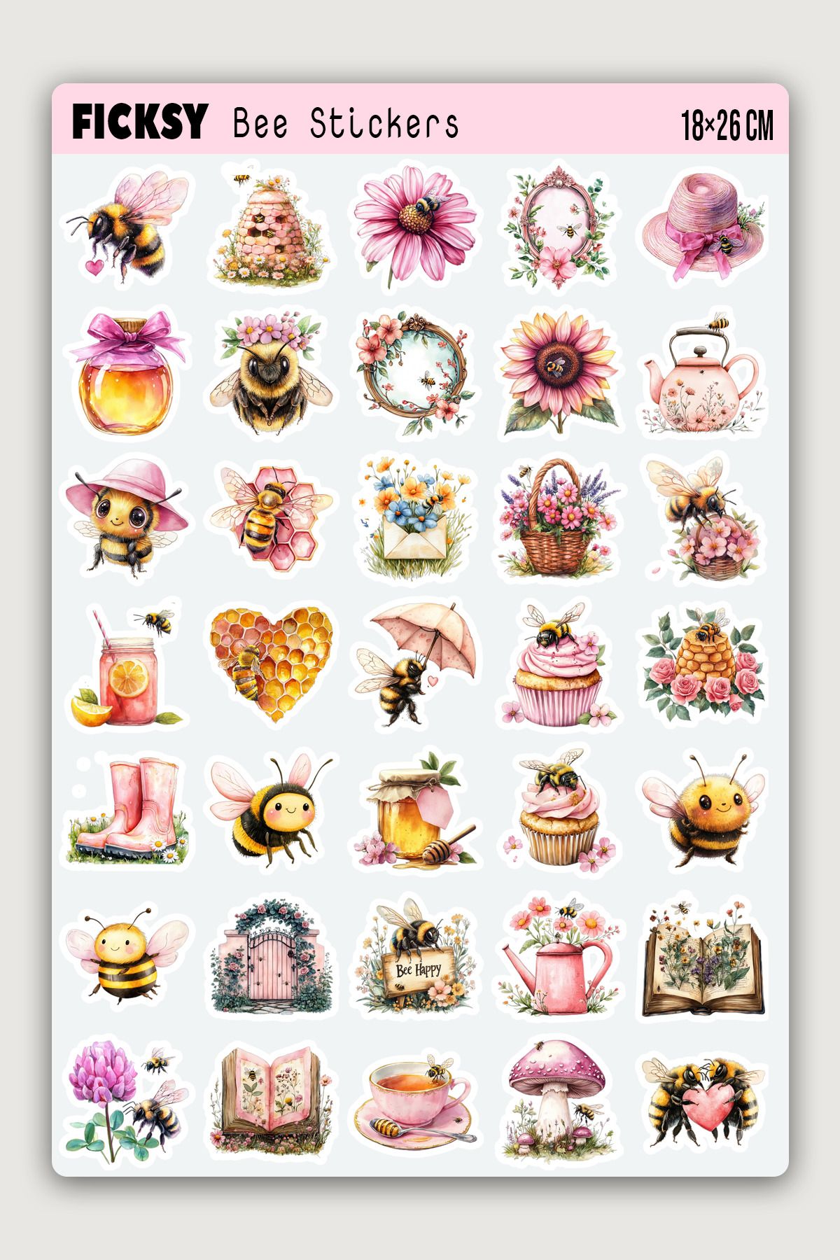 Ficksy Sevimli Arı Sticker Seti - 35 Adet Etiket Çıkartma