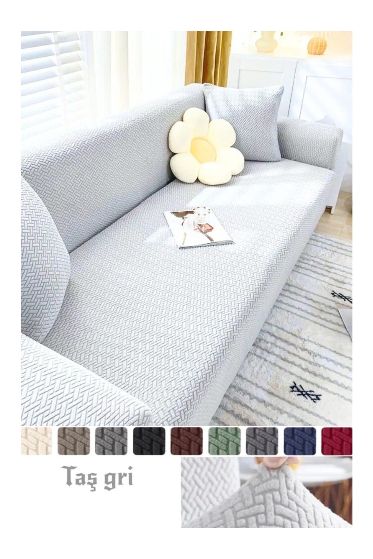 NEFİS HOME Tuğla Desen Koltuk Örtüsü Lastikli Kayma Yapmayan 3 Kişilik Kanepe Kılıfı 1 Adet