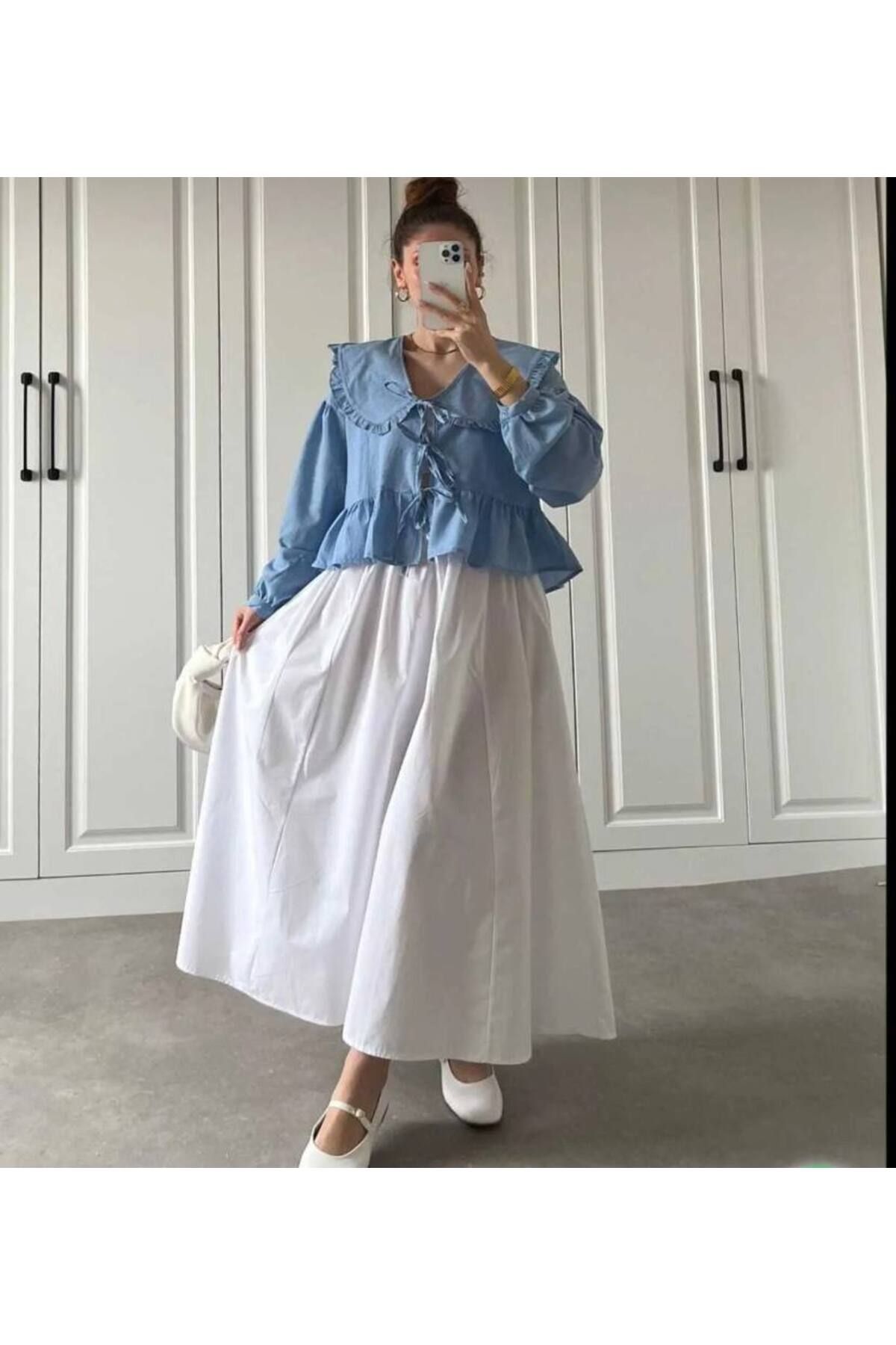 Gülmude Premium Beli Lastikli Uzun Poplin Etek Fleto Cepli (90CM)