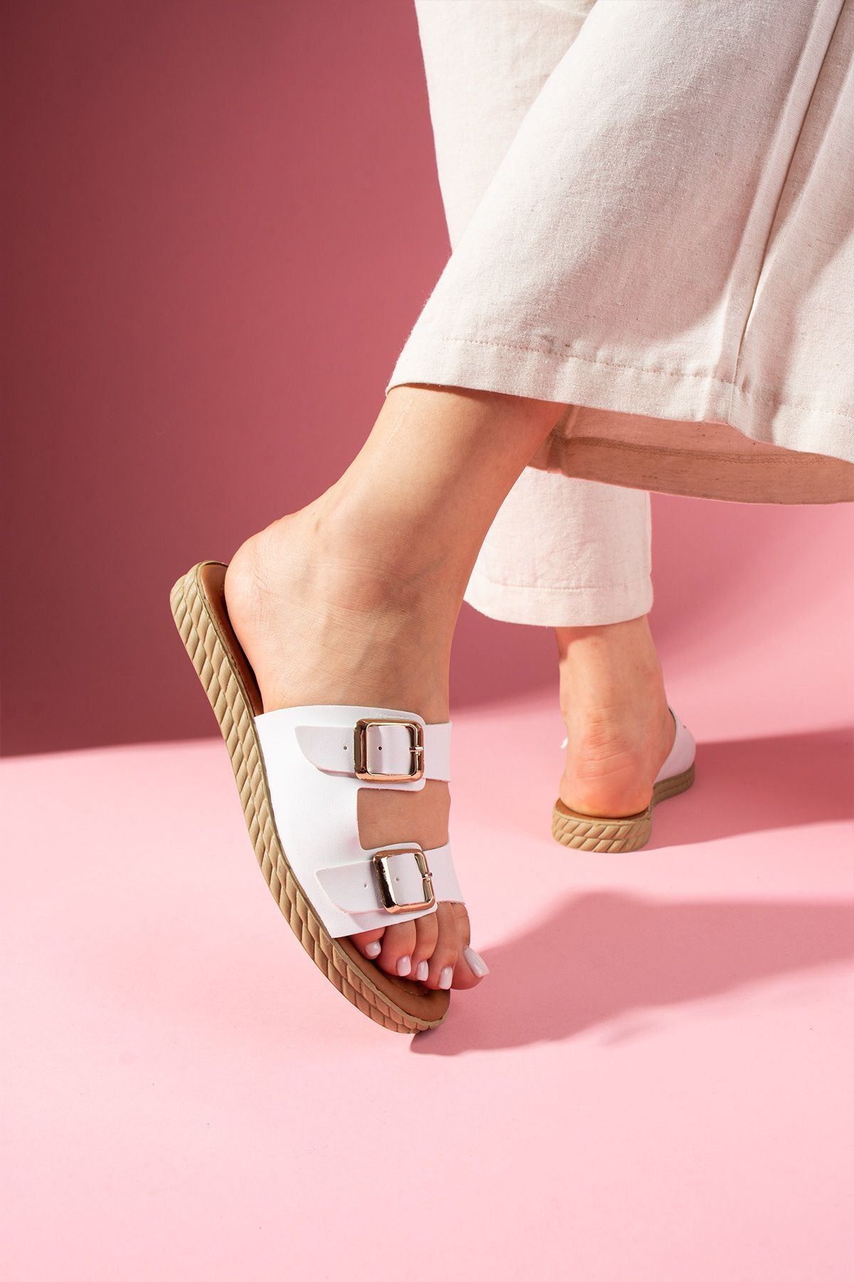 FUGA MODA-Παντόφλες μαλακού δαπέδου Dopin White Double Buckle Tan 4