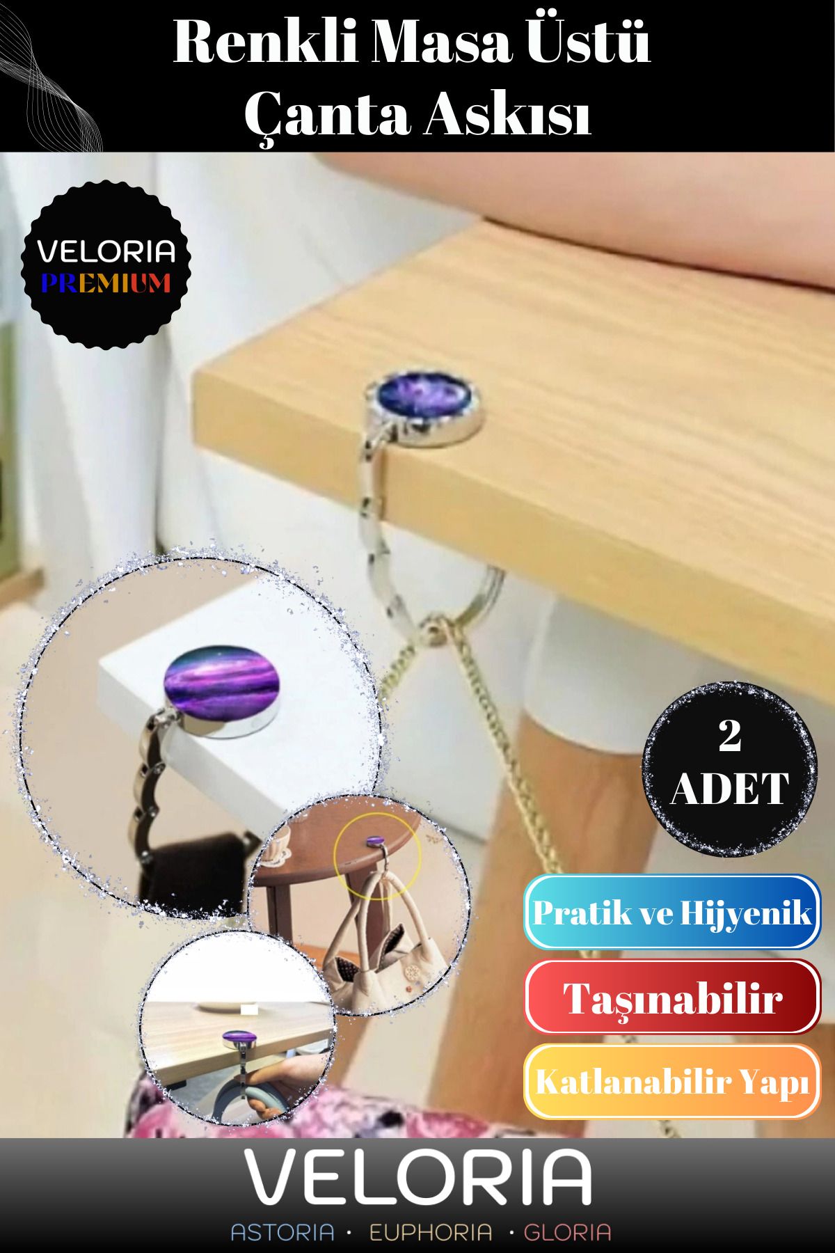 Veloria Premium Yüzeye Zarar Vermez Şık Pratik Renkli Kafe Ev Ofis Masa Üstü Poşet Mont Çanta Askısı 2 Adet