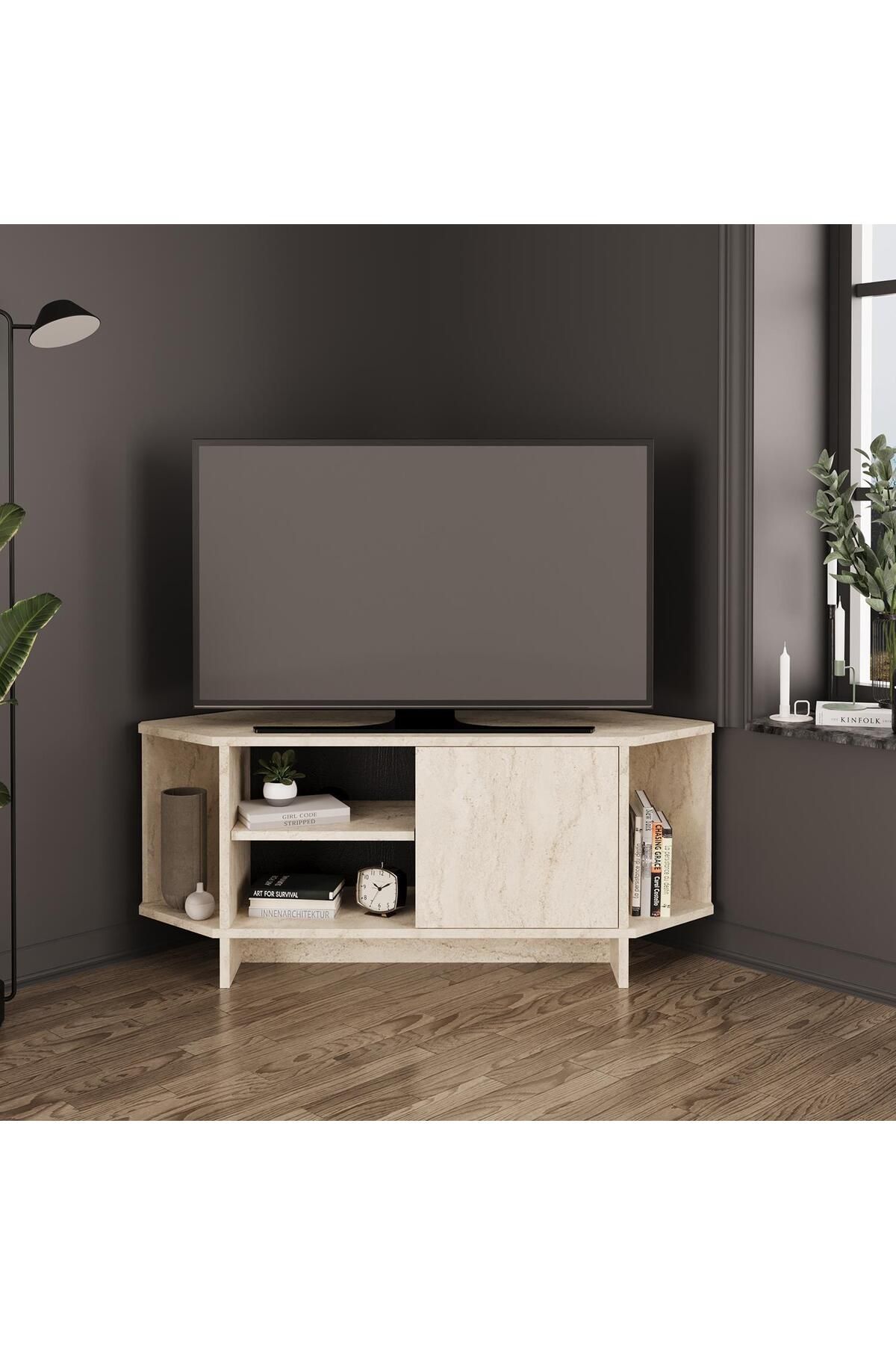 Bimossa TEO B1340 Köşe TV Ünitesi TV Sehpası – Traverten | Kapaklı 48 inç Uyumlu