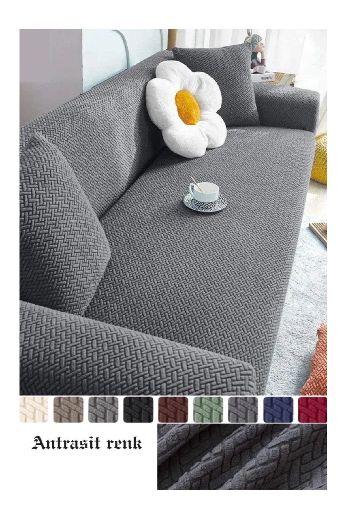 NEFİS HOME Tuğla Desen Koltuk Örtüsü Lastikli Kayma Yapmayan 3 Kişilik Kanepe Kılıfı 1 Adet