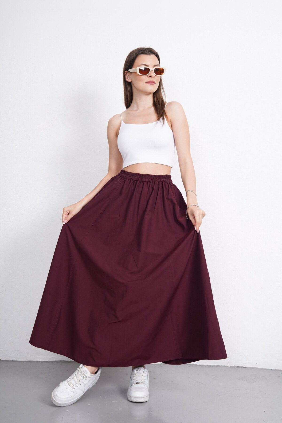 Gülmude Premium Beli Lastikli Uzun Poplin Etek Fleto Cepli (90CM)