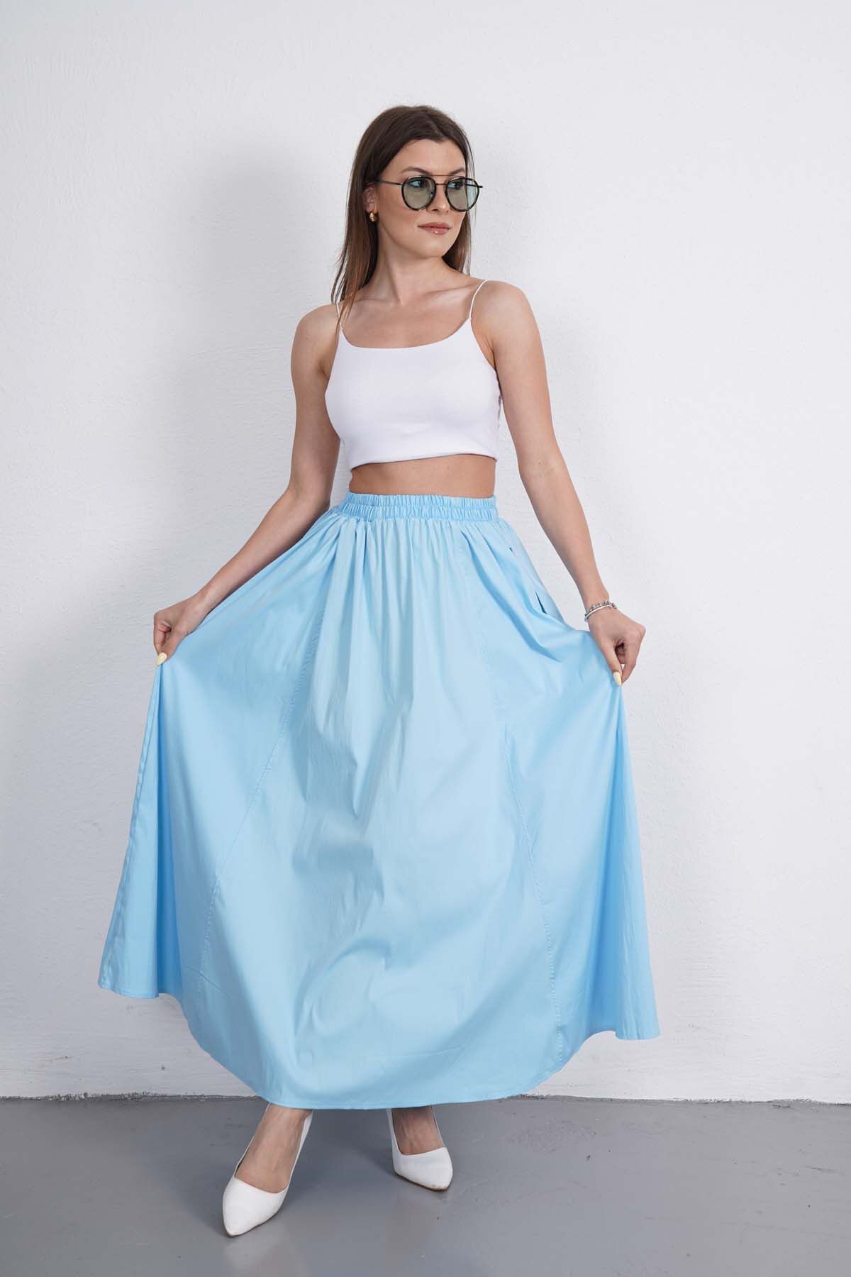 Gülmude Premium Beli Lastikli Uzun Poplin Etek Fleto Cepli (90CM)