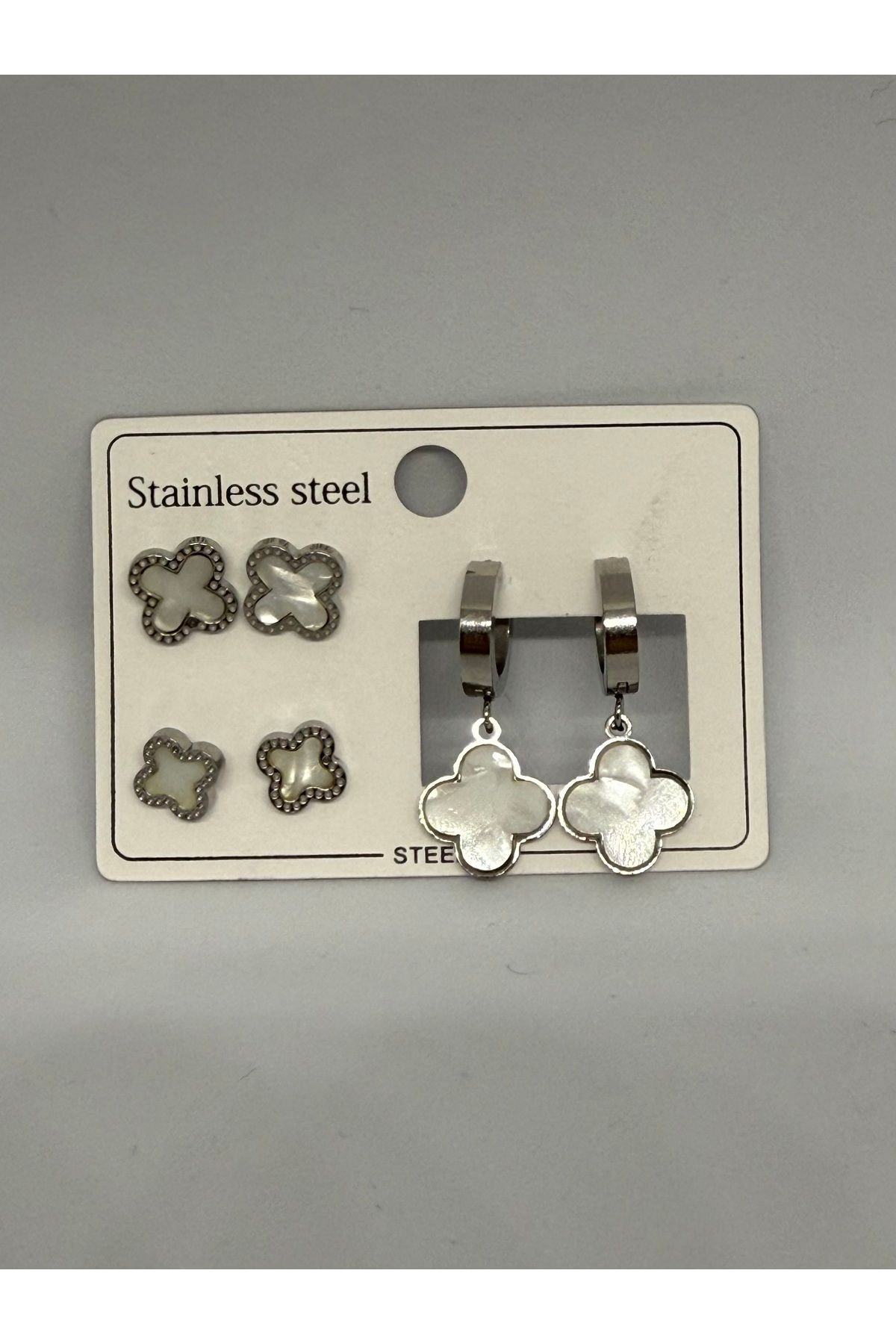 Gulsah's Store Çelik silver-beyaz yonca van cleef 3’lü küpe seti