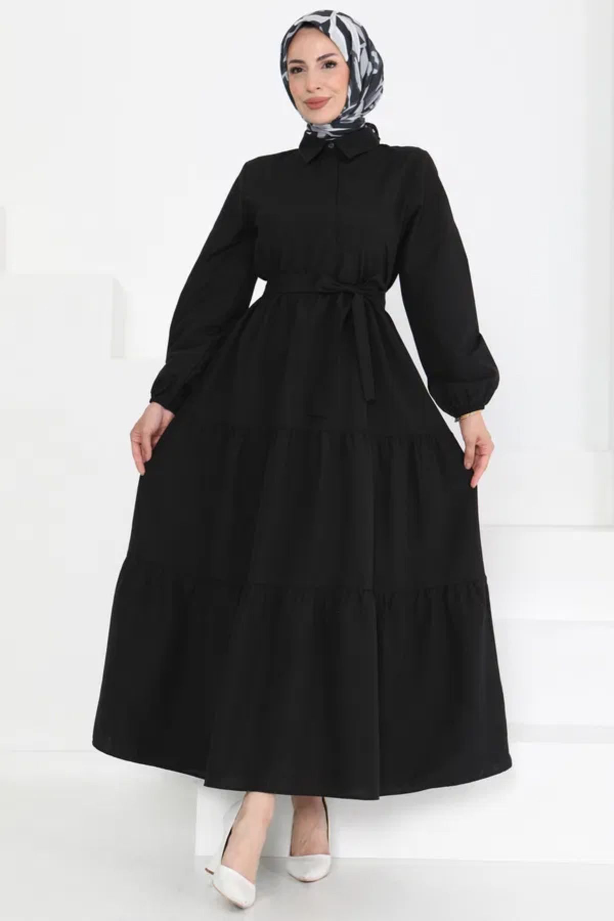 Butik Kuşaklı Kat Kat Elbise