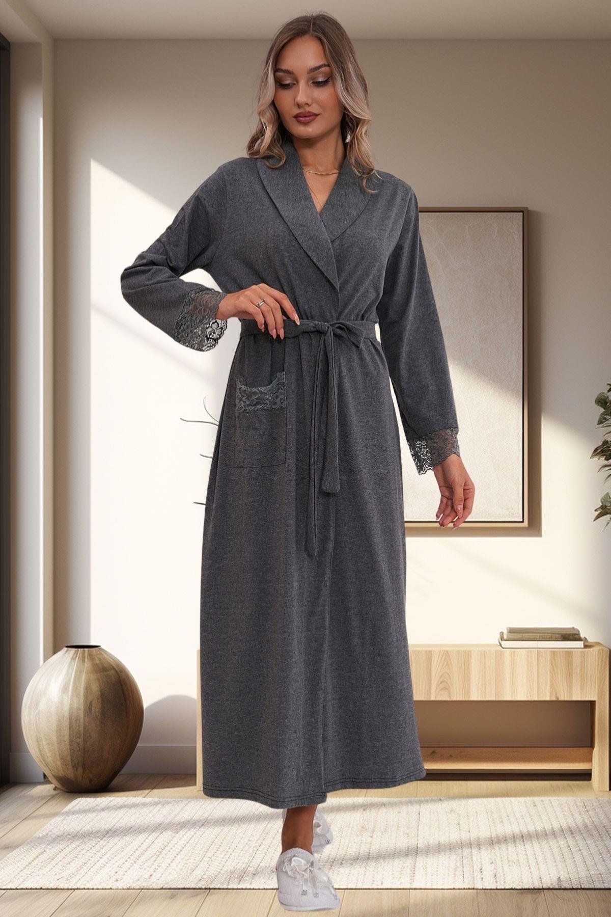 By Mecit Pijama Kadın Kolları İşleme Detaylı Uzun Sabahlık