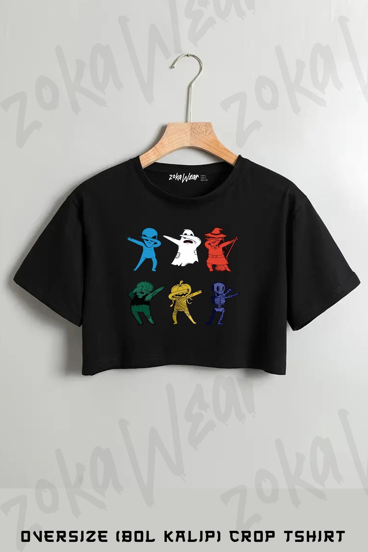 ZOKAWEAR Cadılar Bayramı Sevimli Hayalet Uzaylı Baskılı Oversize Crop T-Shirt