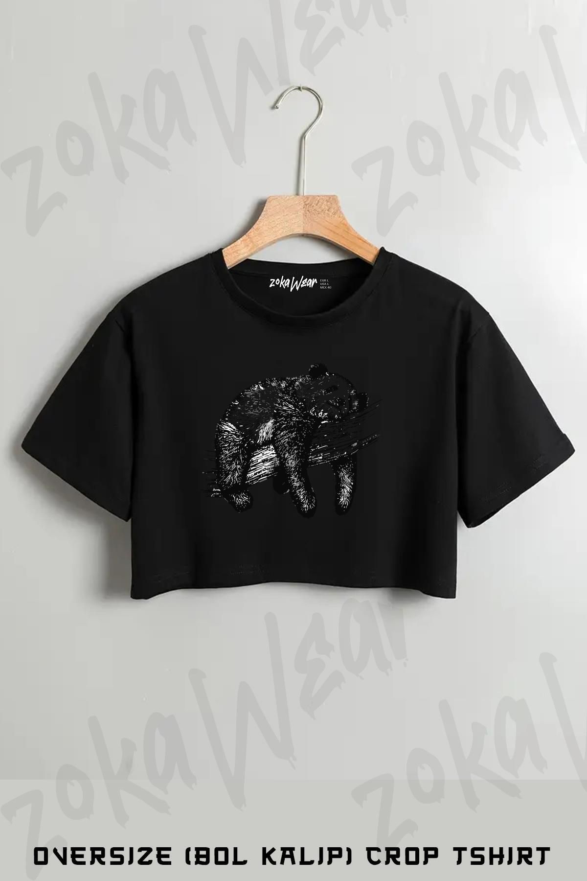 ZOKAWEAR Panda 3 Baskılı Oversize Crop T-Shirt