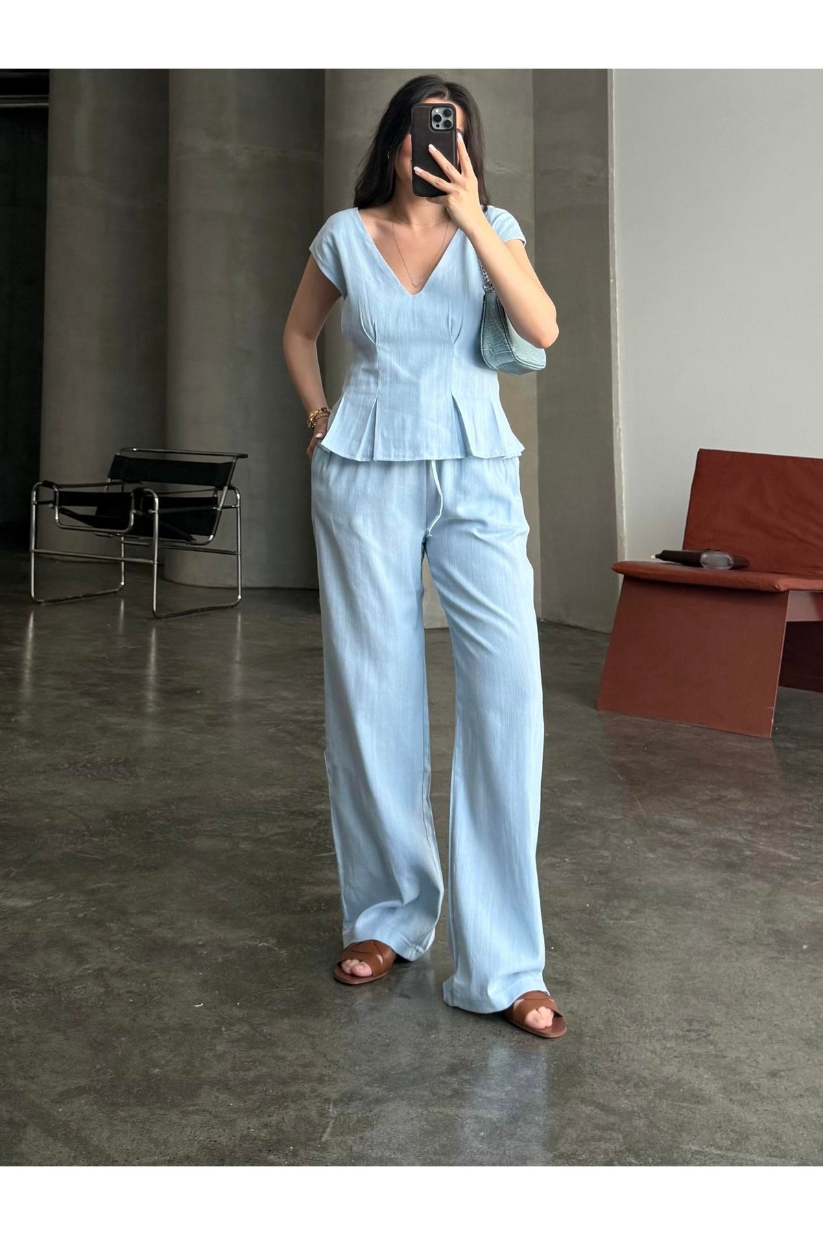 youlike butik V Yaka Keten Belden Pensli Bluz Pantolon Takım Mavi