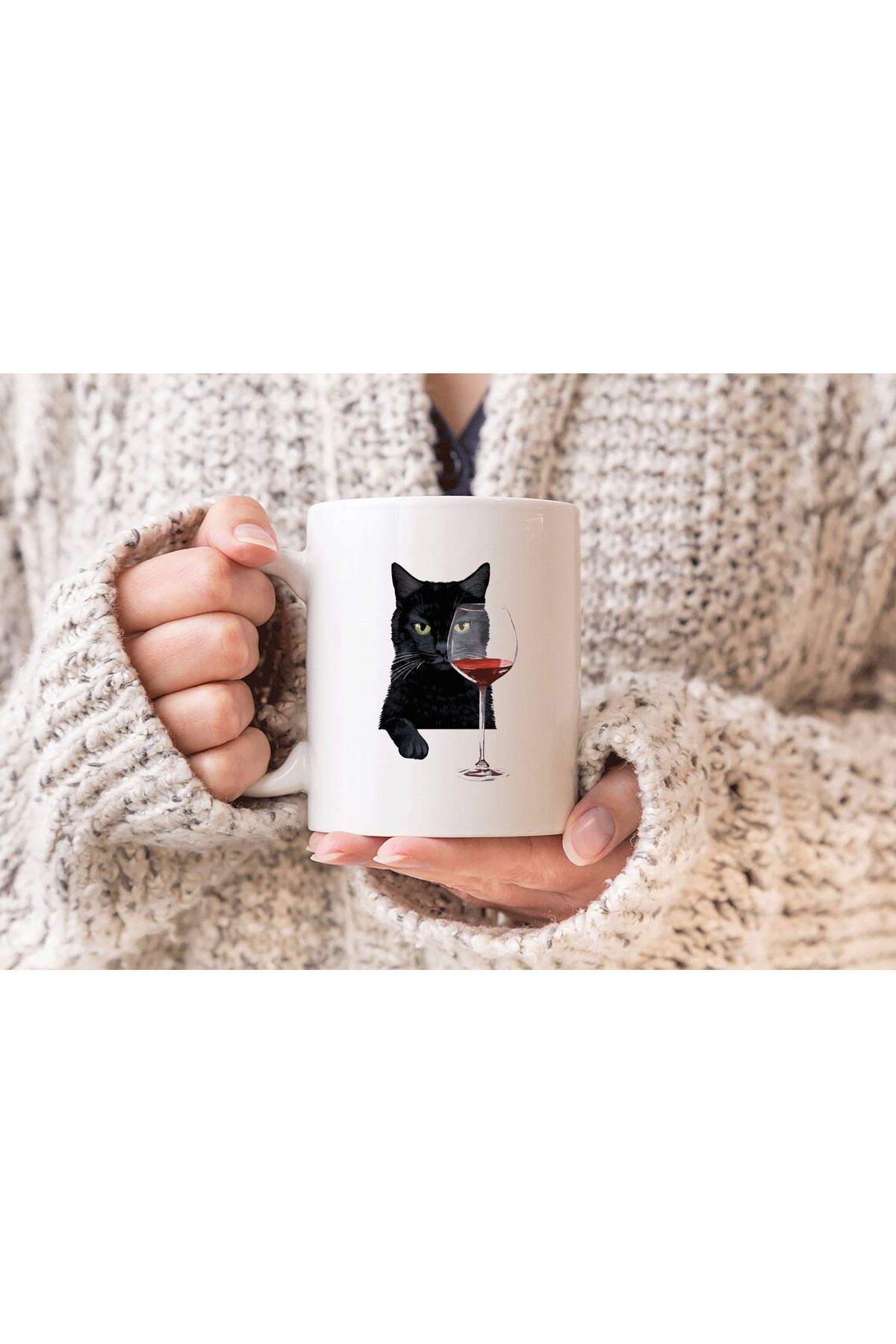 sielta Şarap İçen Kedi Baskılı Hediyelik Porselen Kupa Bardak