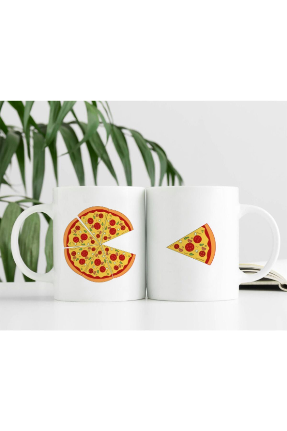 sielta Pizza Dilimi 2 Adet Sevgililer Günü Tasarım Baskılı Porselen Kupa Bardak