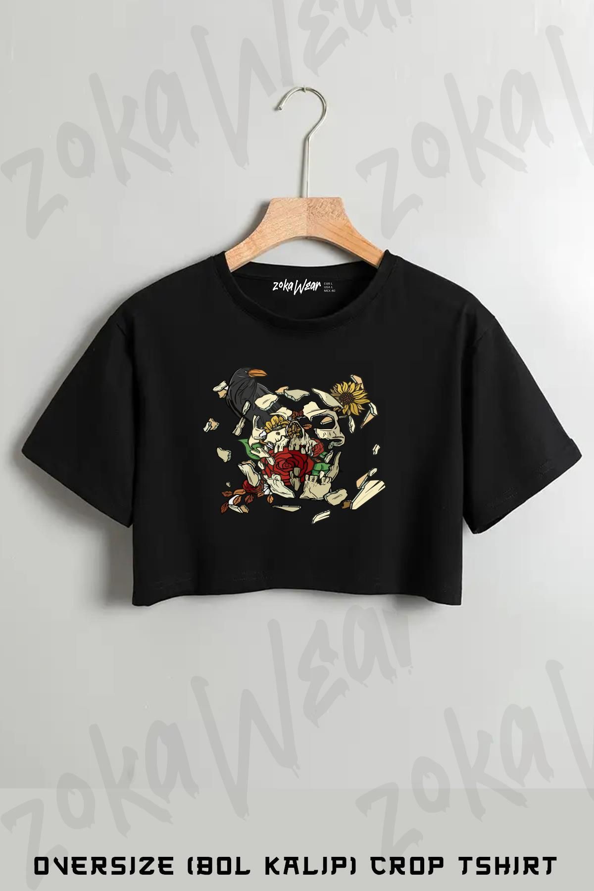 ZOKAWEAR Iskelet Karga Gül Çiçek Baskılı Oversize Crop T-Shirt