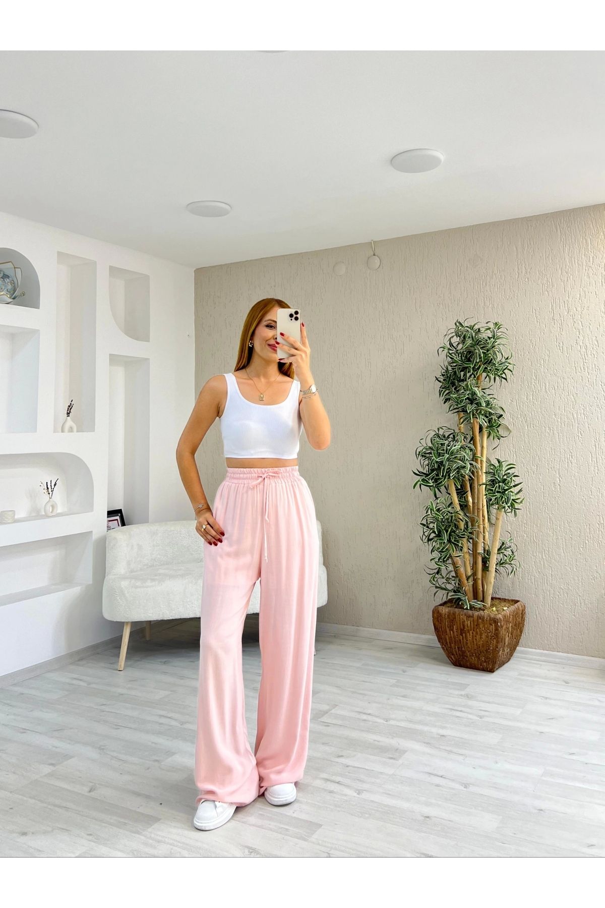 İrka Moda Keten Viskon Bel Lastikli Pantolon Pembe