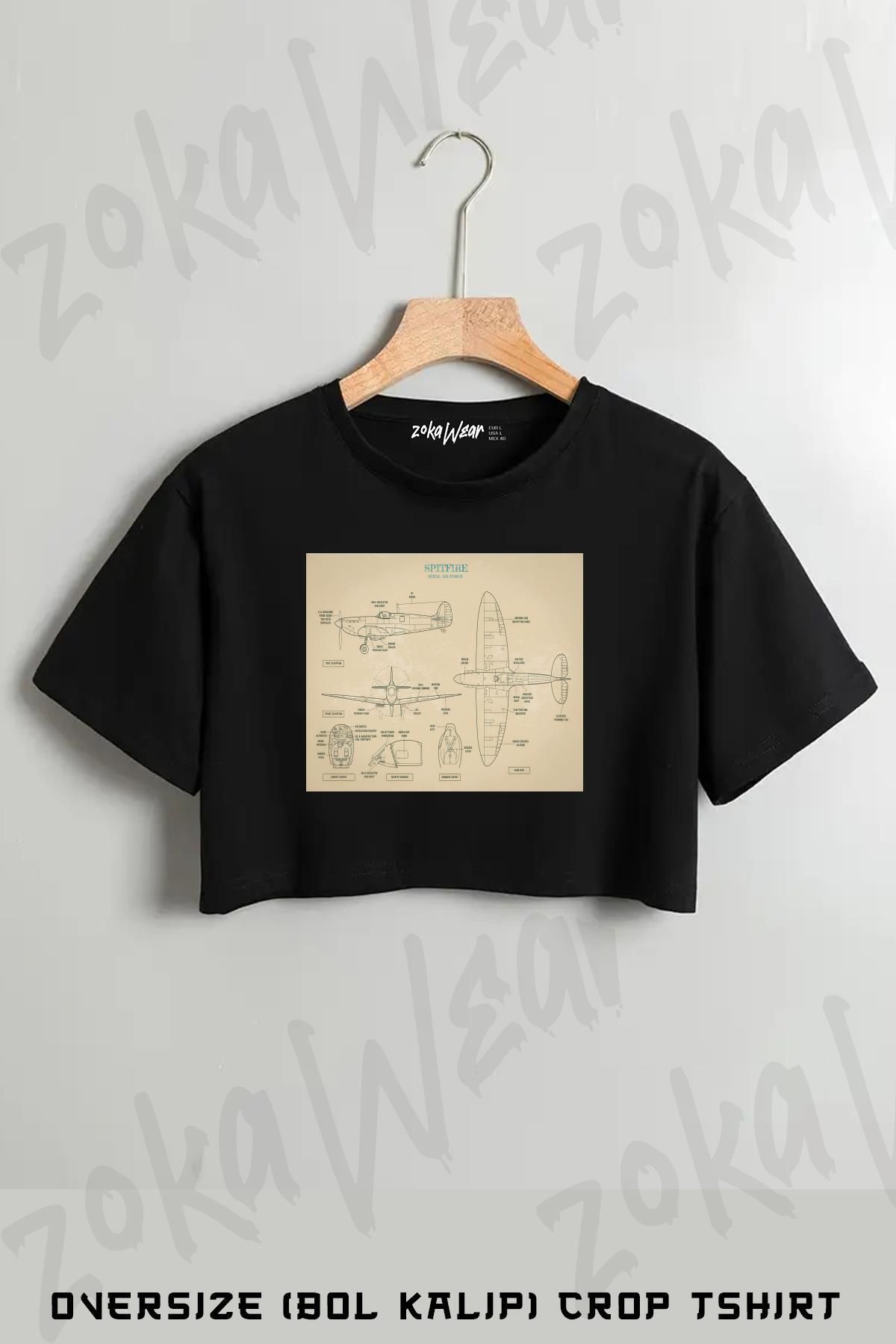 ZOKAWEAR Spıtfıre Royal Air Force Baskılı Oversize Crop T-Shirt