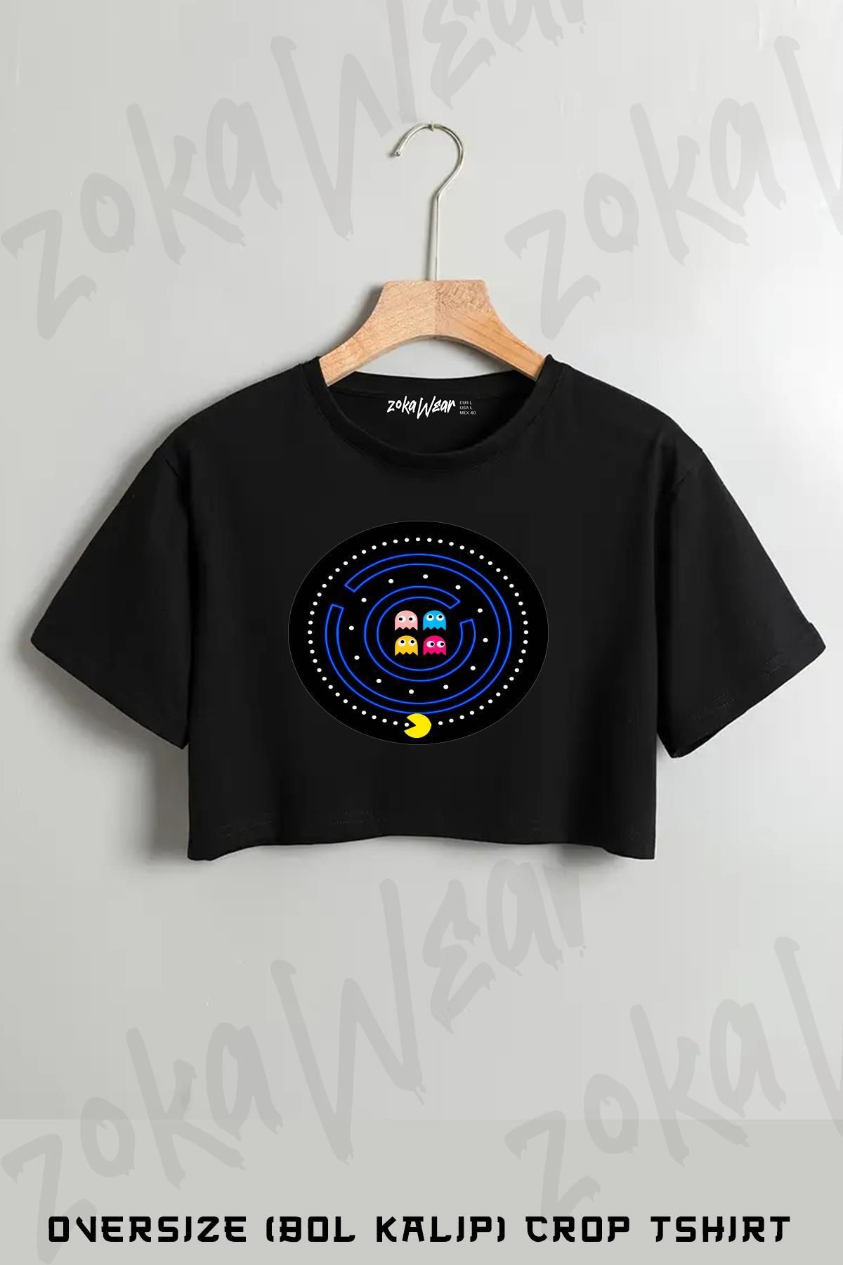 ZOKAWEAR Pacman Daire Baskılı Oversize Crop T-Shirt