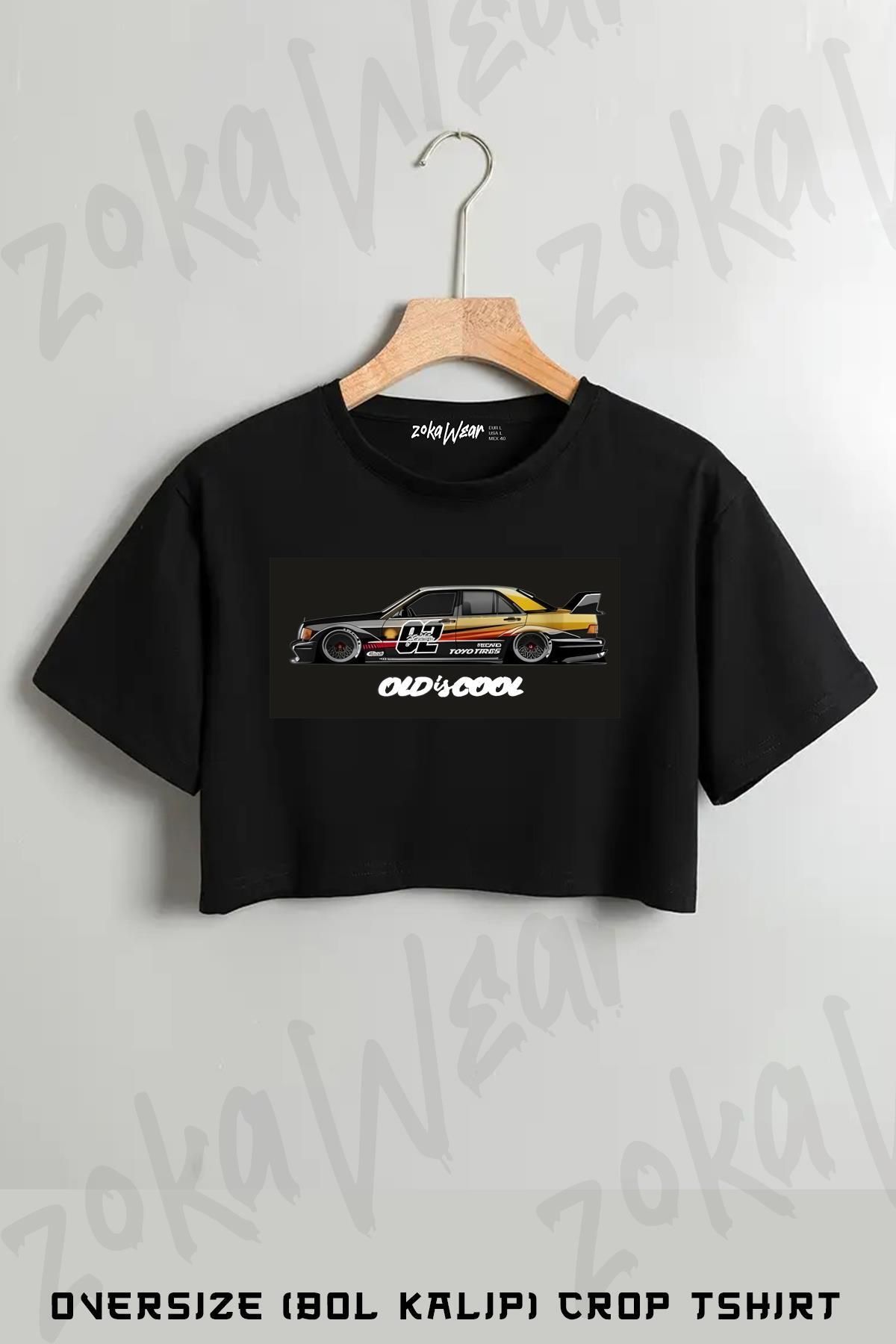 ZOKAWEAR Old Car Bisikle Baskılı Oversize Crop T-Shirt