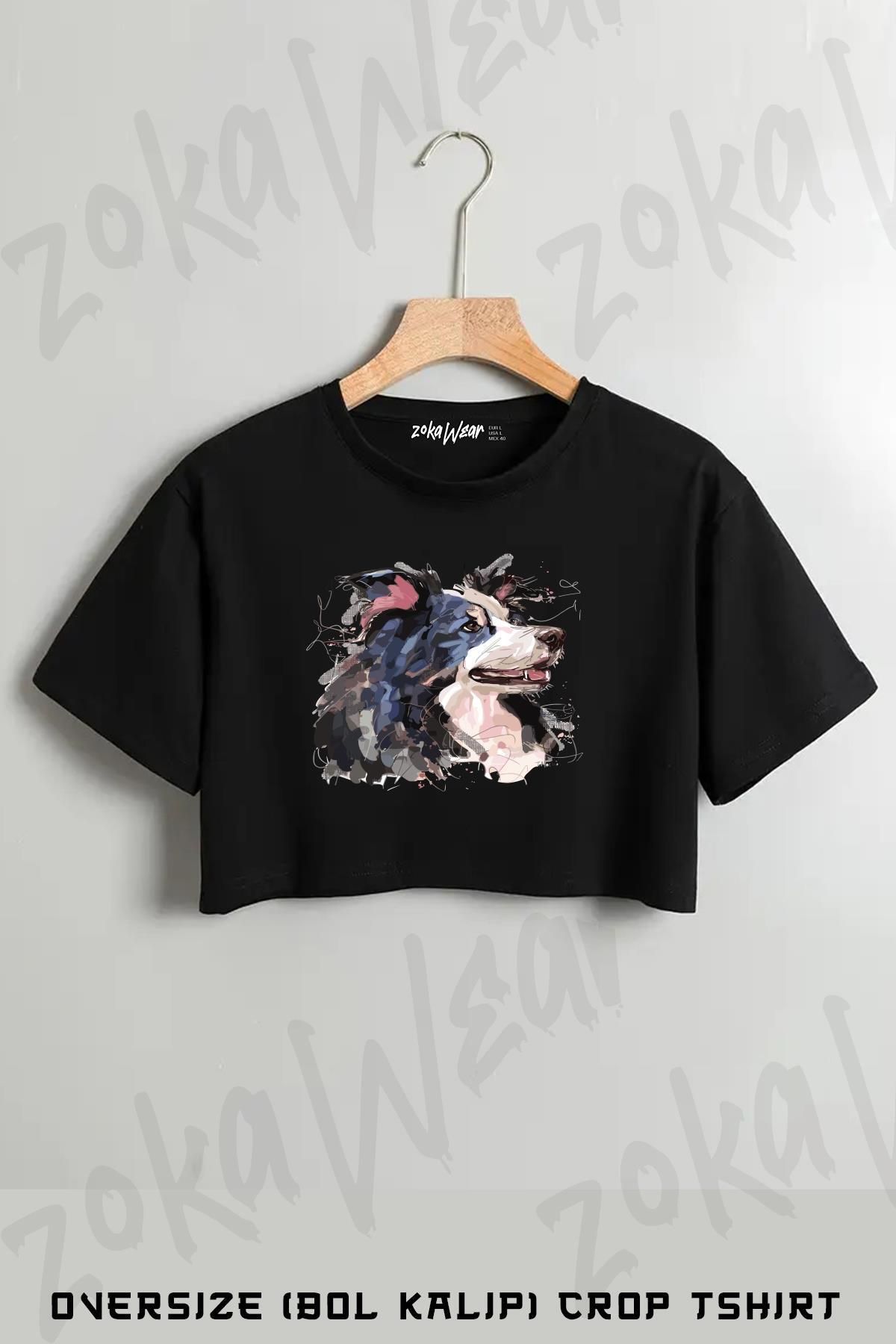 ZOKAWEAR Border Collie Dreaming Baskılı Oversize Crop T-Shirt