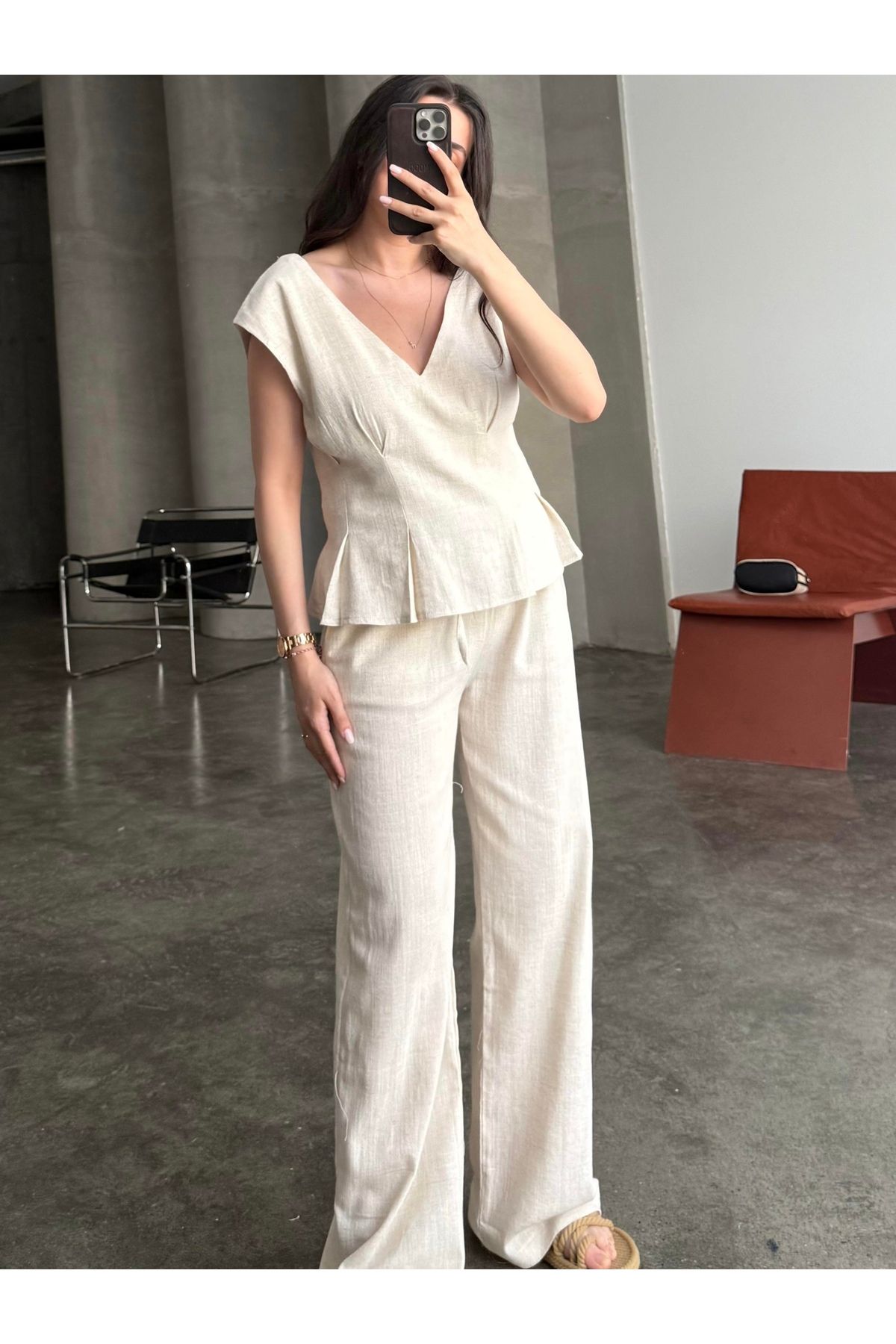 youlike butik V Yaka Keten Belden Pensli Bluz Pantolon Takım Bej