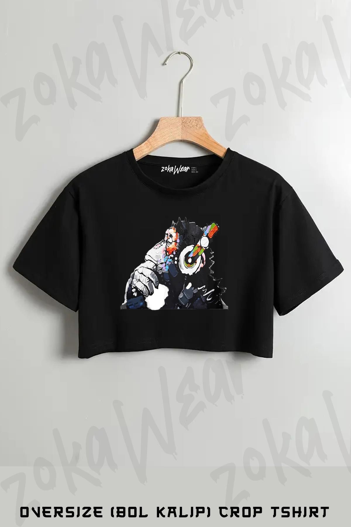 ZOKAWEAR Banksy Funky Monkey Dj Headphones Graffiti Street Art Baskılı Oversize Crop T-Shirt