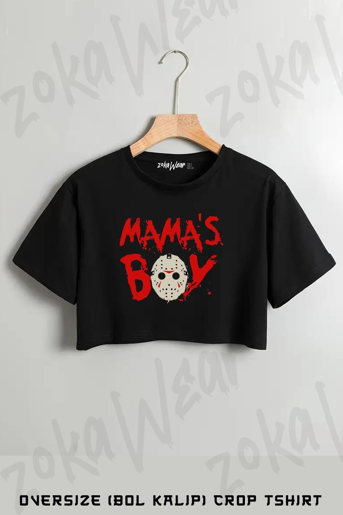 ZOKAWEAR Mama's Boy Baskılı Oversize Crop T-Shirt