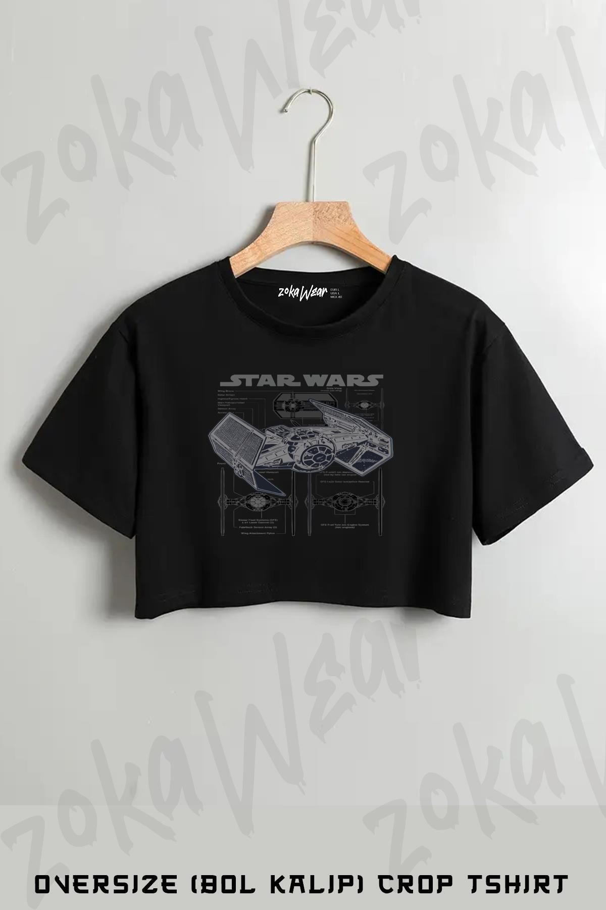 ZOKAWEAR Darth Vaders Tie Fighter Baskılı Oversize Crop T-Shirt