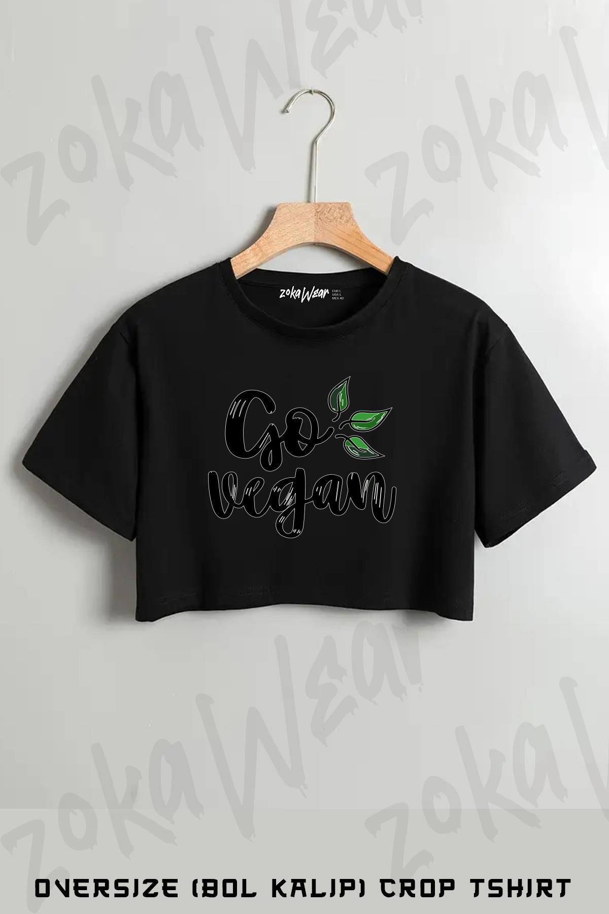 ZOKAWEAR Vegan Ol Go Vegan Baskılı Oversize Crop T-Shirt