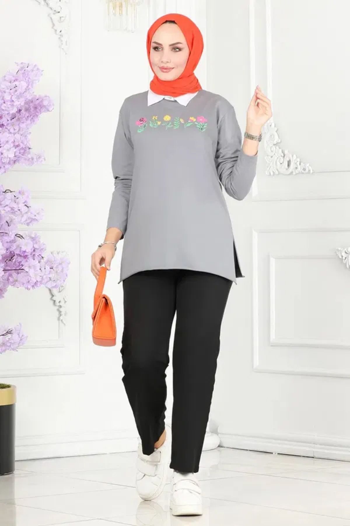 Butik Kadın Bisiklet Yaka Çiçek Baskılı Tunik