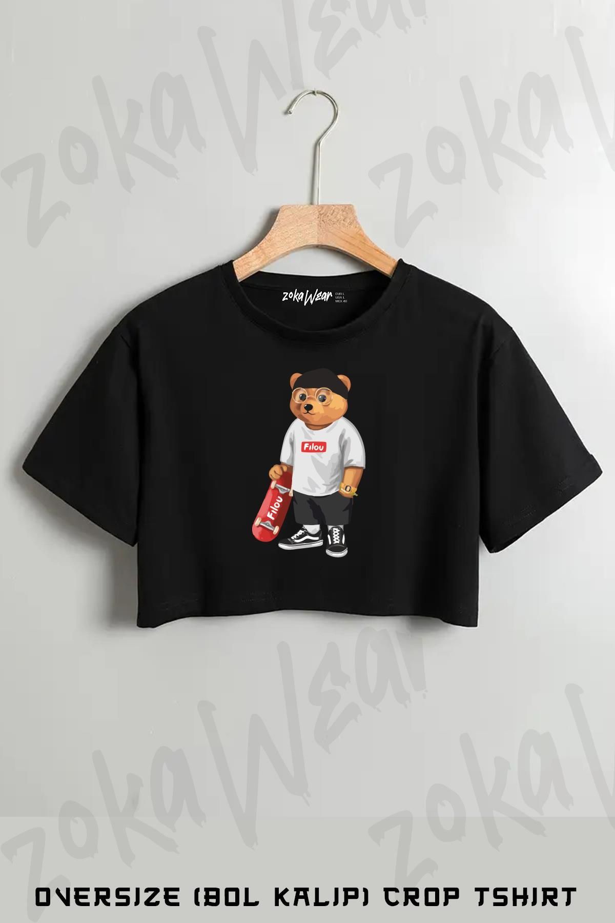 ZOKAWEAR Stil Kaykaycı Ayı Teddy Bear Baskılı Oversize Crop T-Shirt
