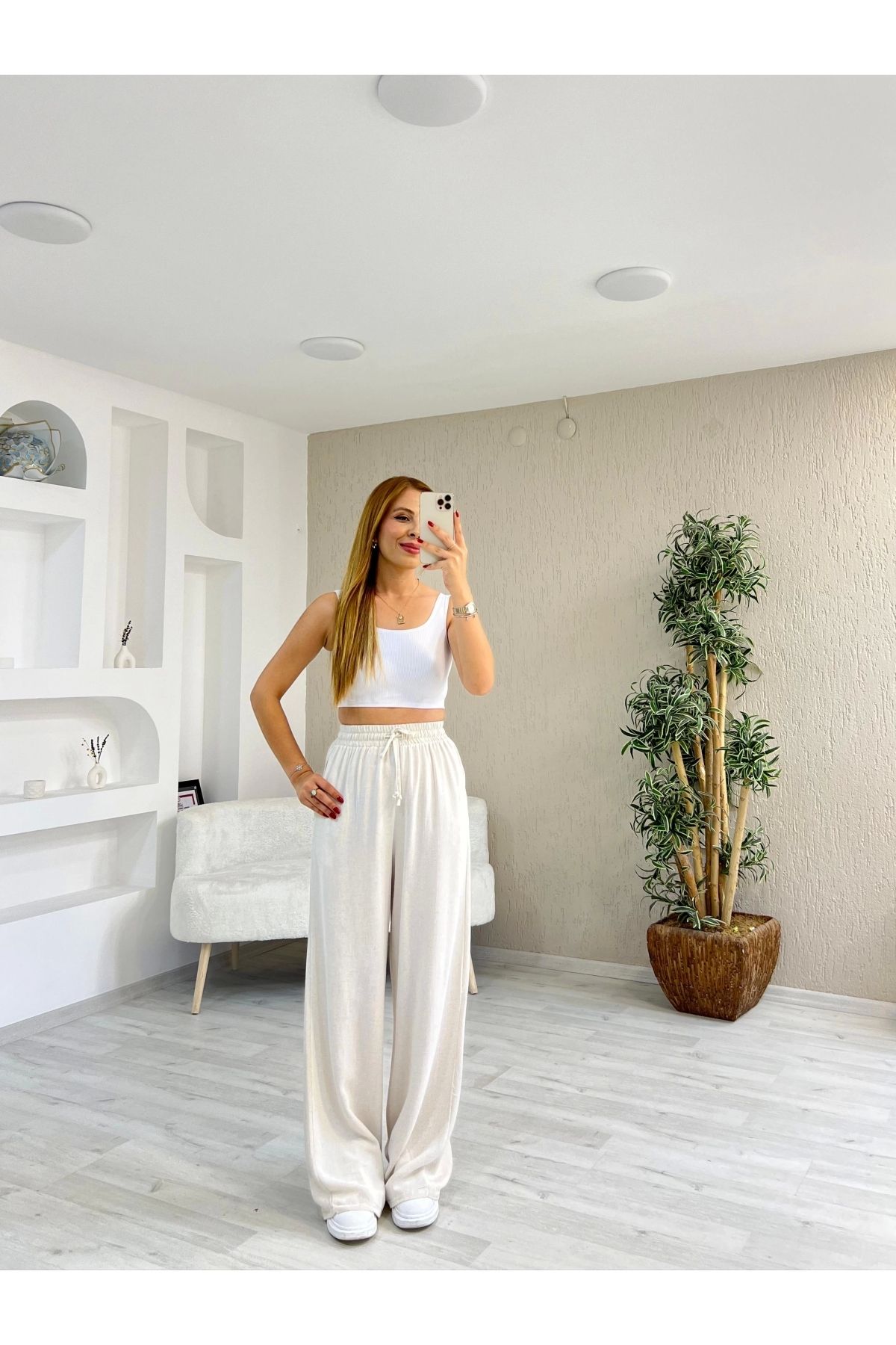 İrka Moda Keten Viskon Bel Lastikli Pantolon Krem