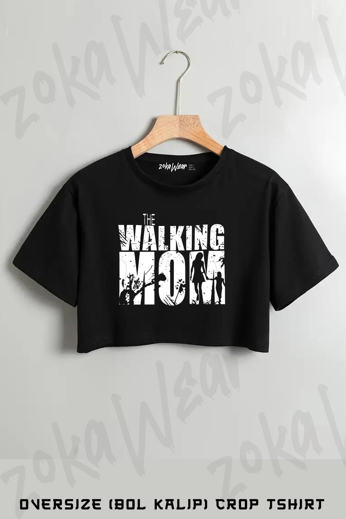 ZOKAWEAR Anneler Günü Walking Mom Baskılı Oversize Crop T-Shirt