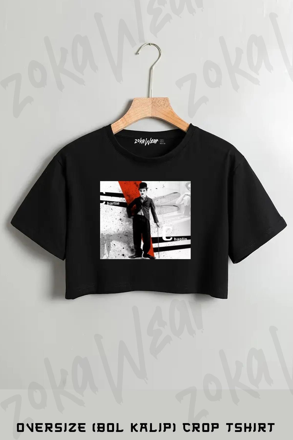 ZOKAWEAR Charlie Chaplin Baskılı Oversize Crop T-Shirt