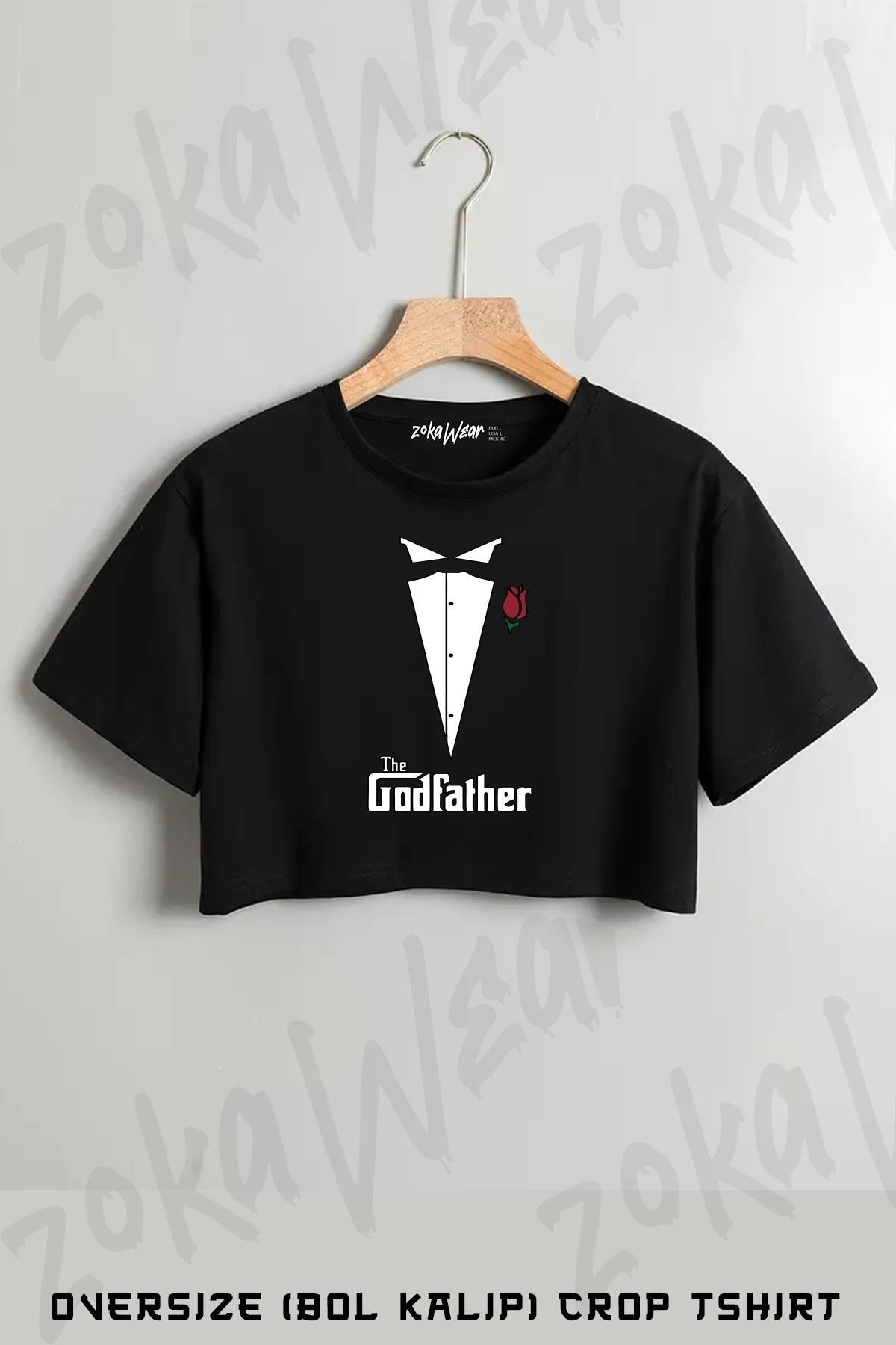 ZOKAWEAR Tuxedo Film Baba The Godfather Baskılı Oversize Crop T-Shirt