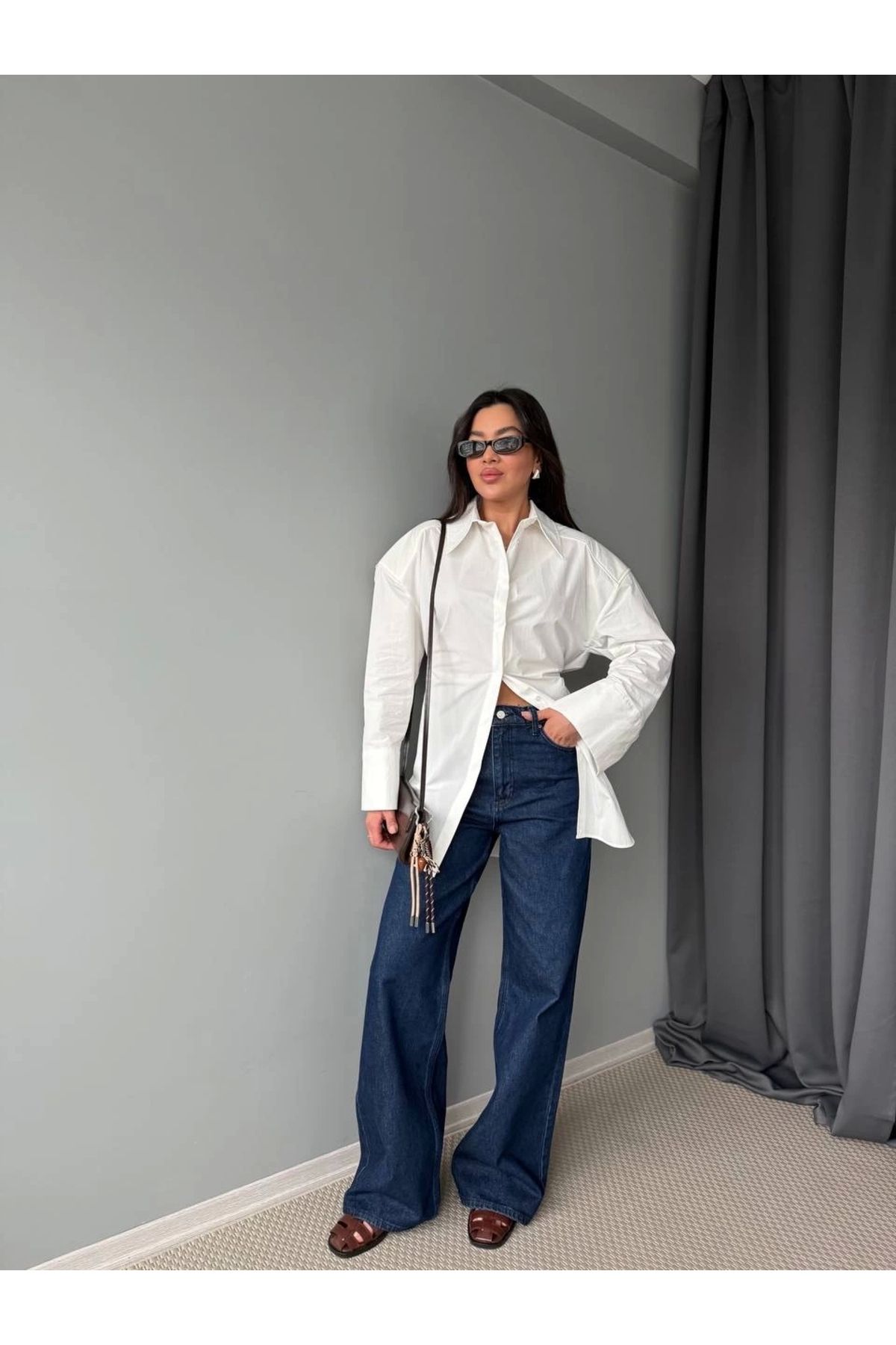 Ecenin Favorileri Geniş Paça Lacivert Denim Yüksek Bel Kadın Jean Pantolon