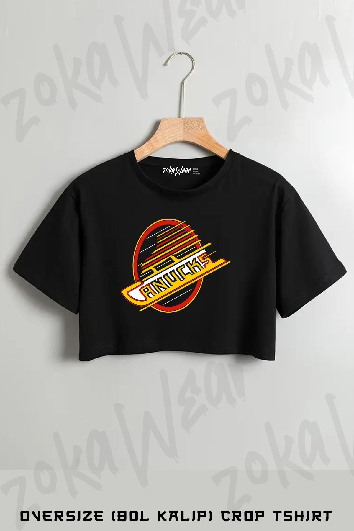 ZOKAWEAR Vancouver Hockey Retro Canucks Skate Baskılı Oversize Crop T-Shirt